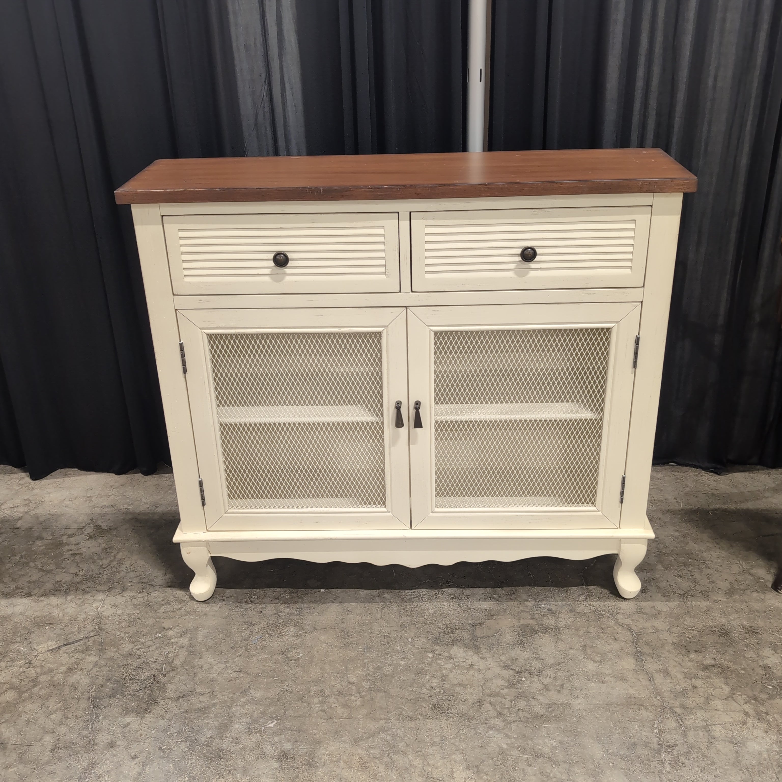 Two-Tone Cream and Brown Wood Buffet with Mesh Doors