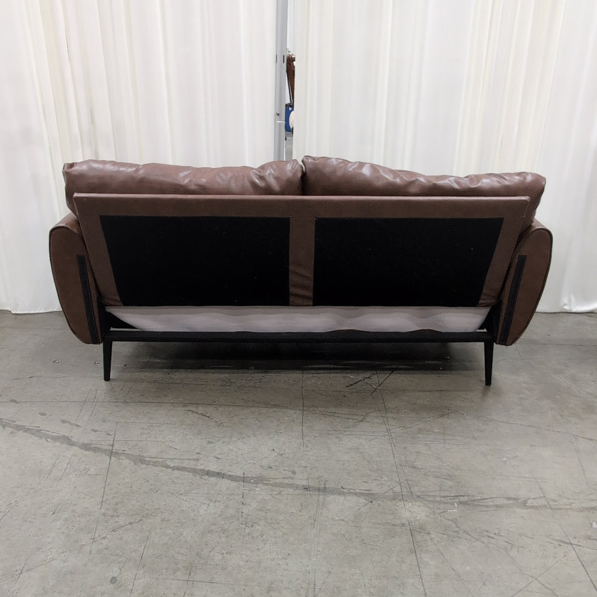 Brown Mid-Century Style Two-Seat Couch in Faux Leather