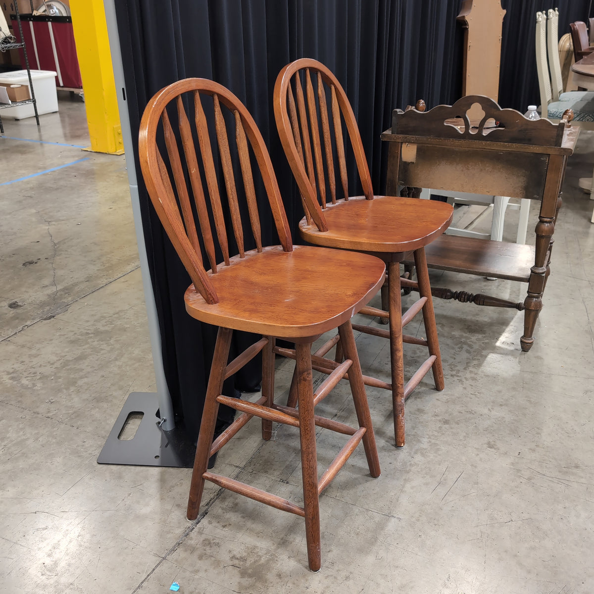 Pair of Warm Brown Wood Bar Stools with Spindle Backs