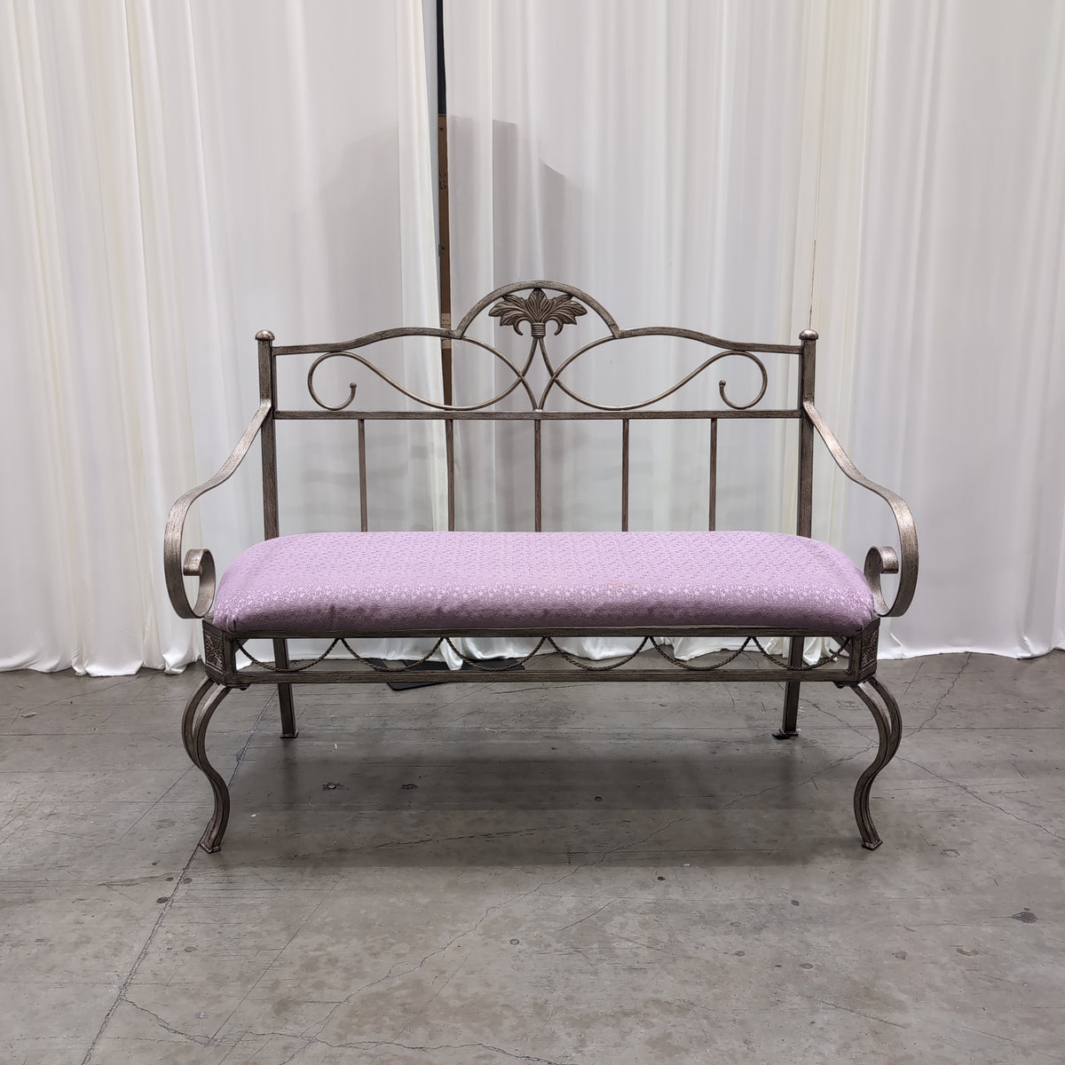 Ornate Champagne Metal Bench with Purple Upholstery