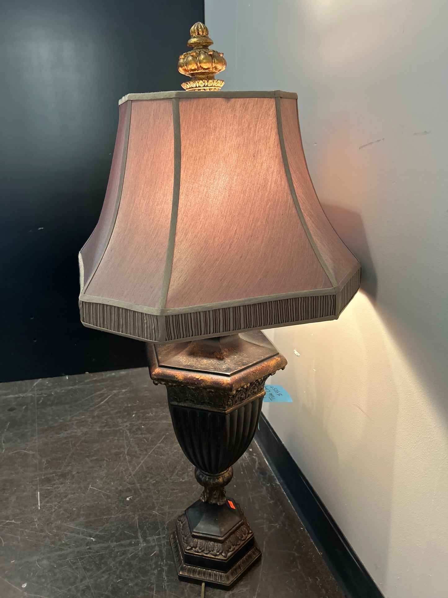 Antique-Style Metal Table Lamp with Mauve Lampshade