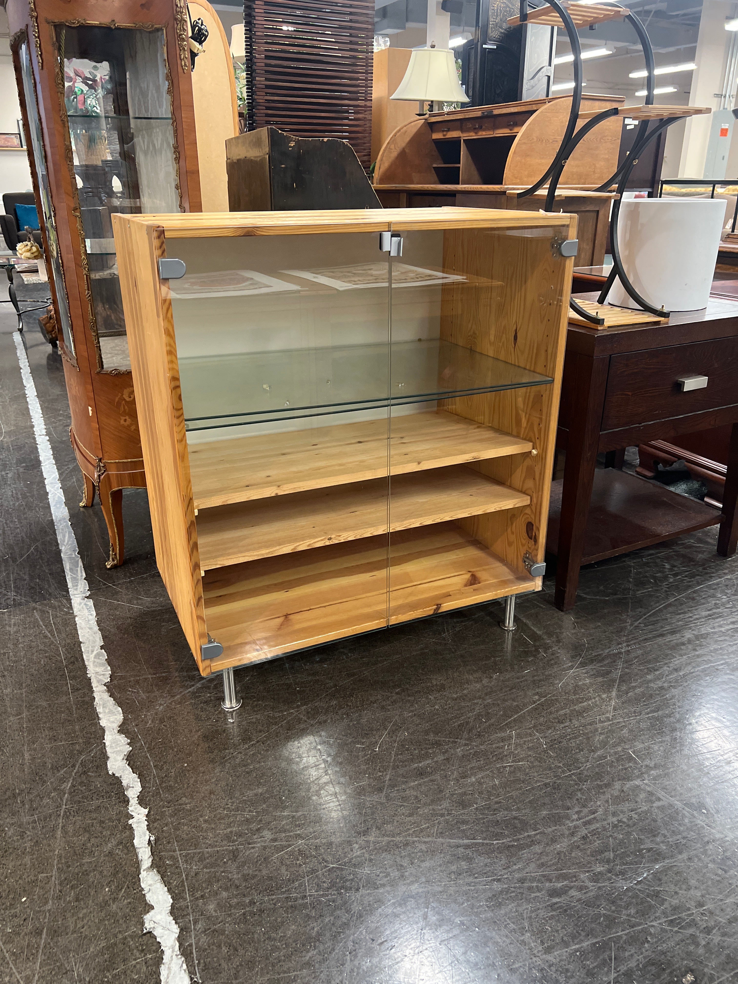 Rustic Pine Wood Display Cabinet with Glass Doors