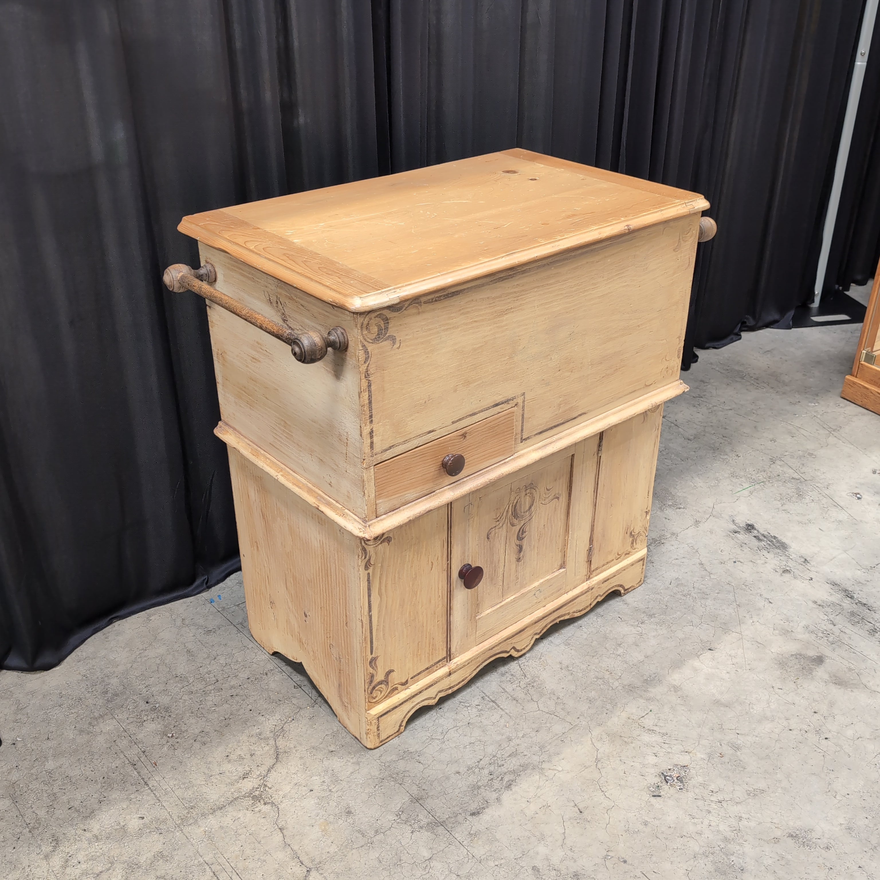 Pine lift-top washstand and dry sink cabinet