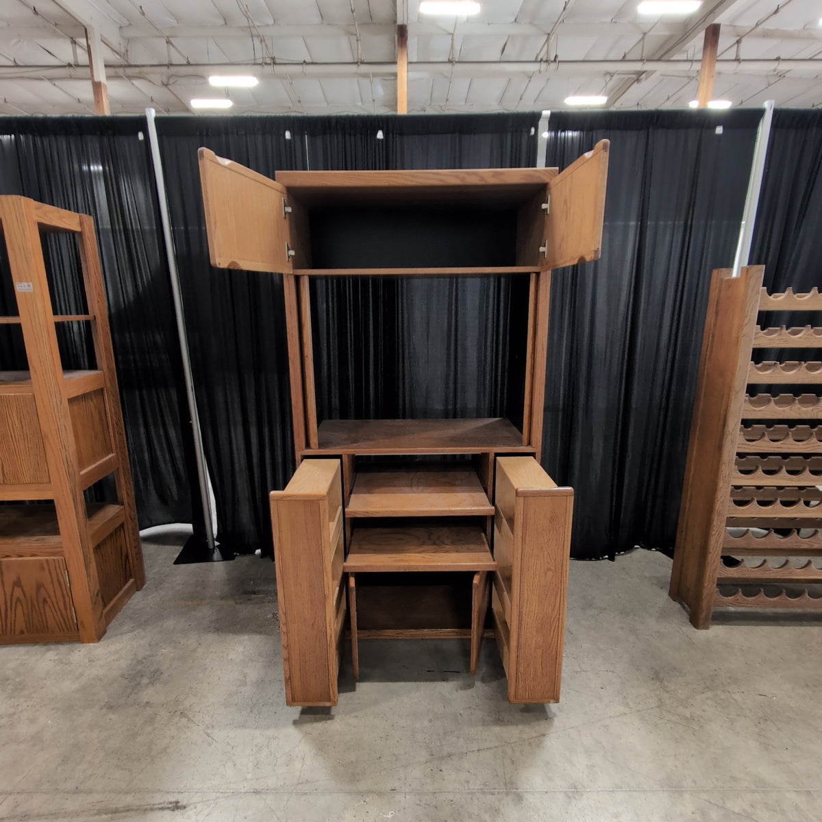 Oak Finish Tall Storage TV Stand with Slatted Doors