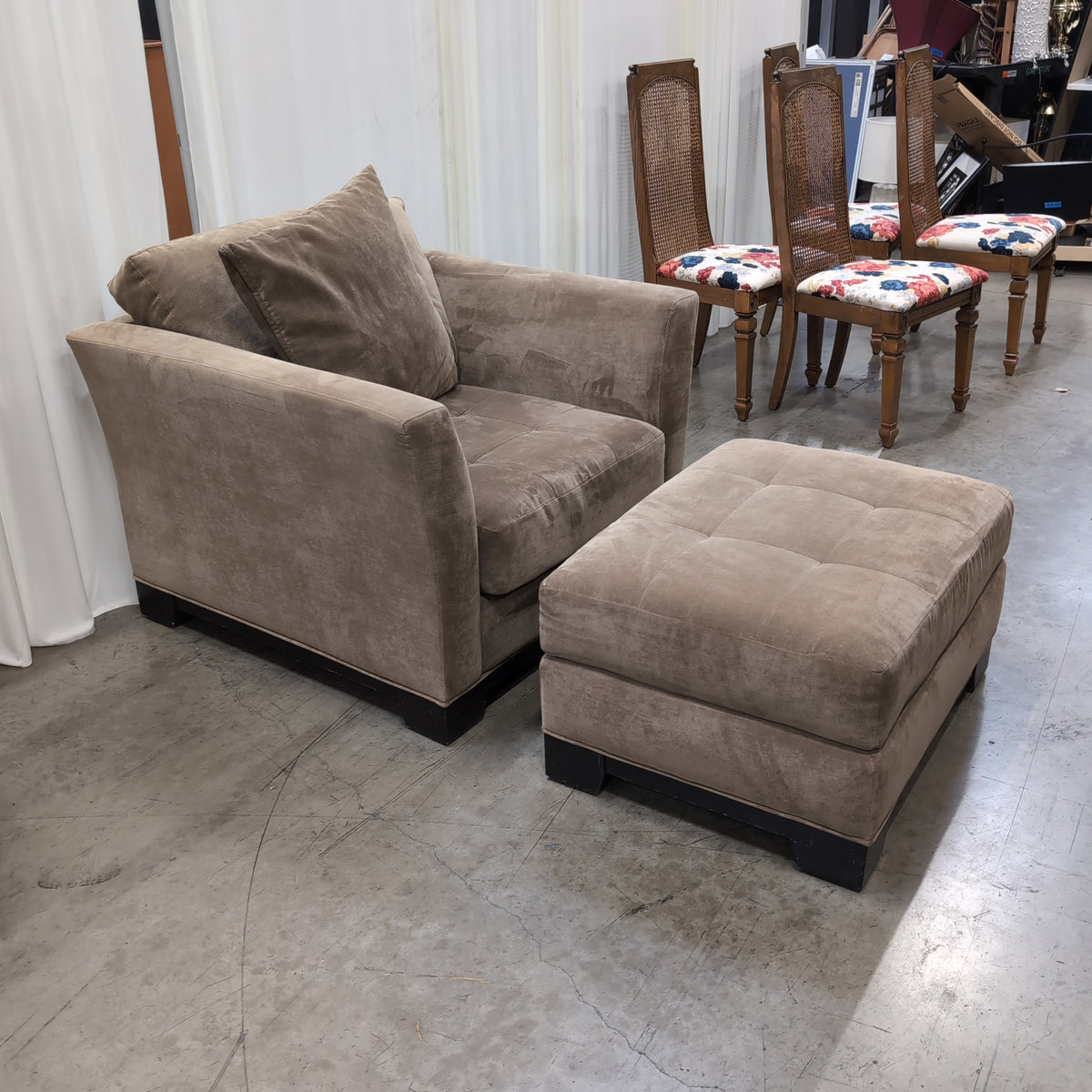 Plush Taupe Velvet Armchair with Matching Ottoman