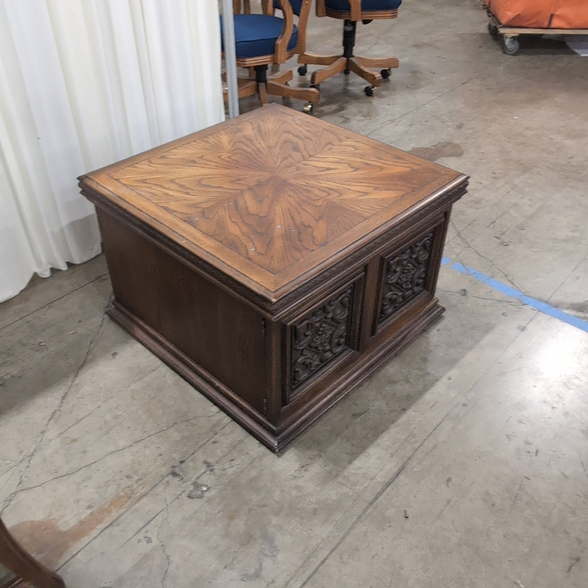 Traditional Brown Wood End Table with Carved Panels