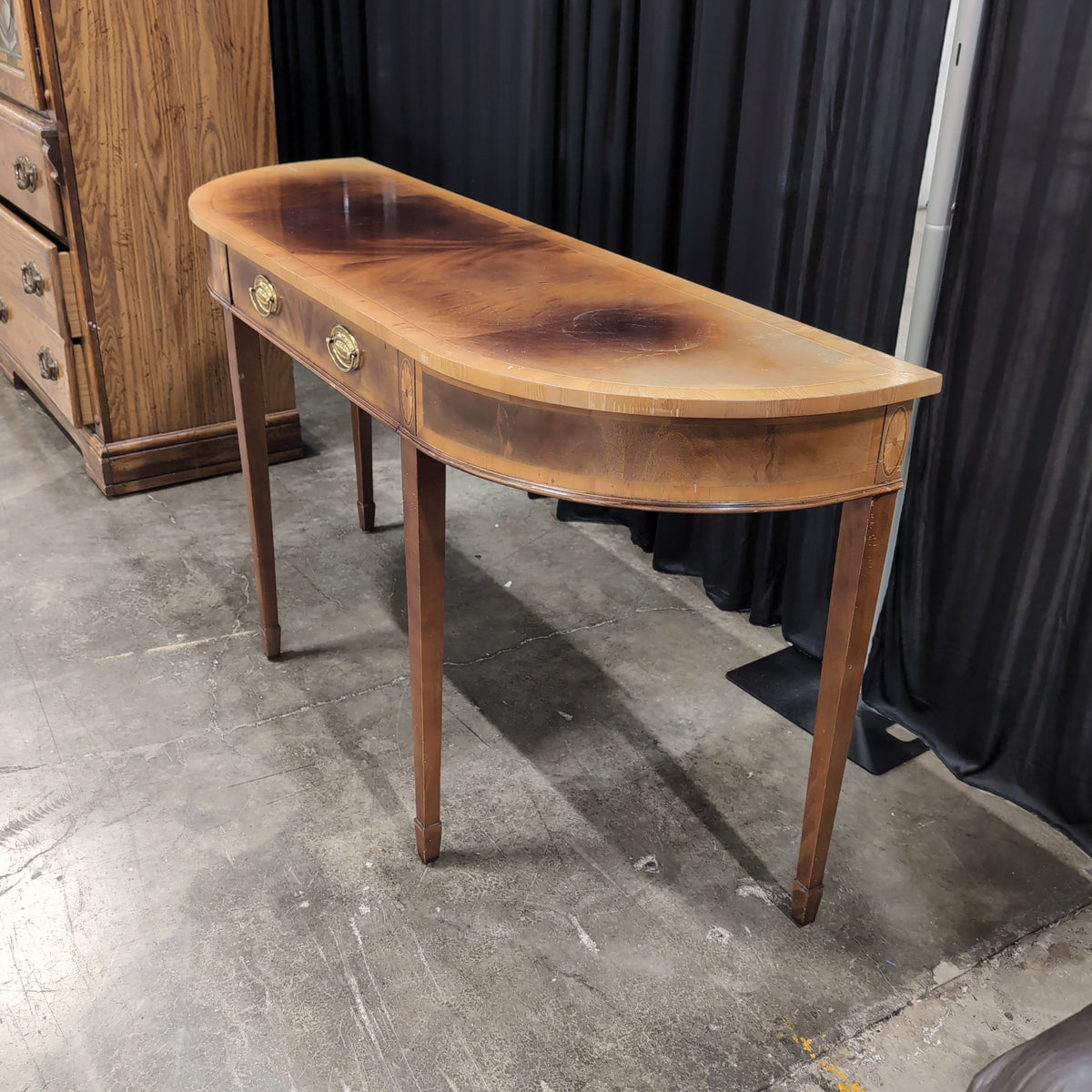 Semicircular Dark Wood Console Table with Brass Hardware
