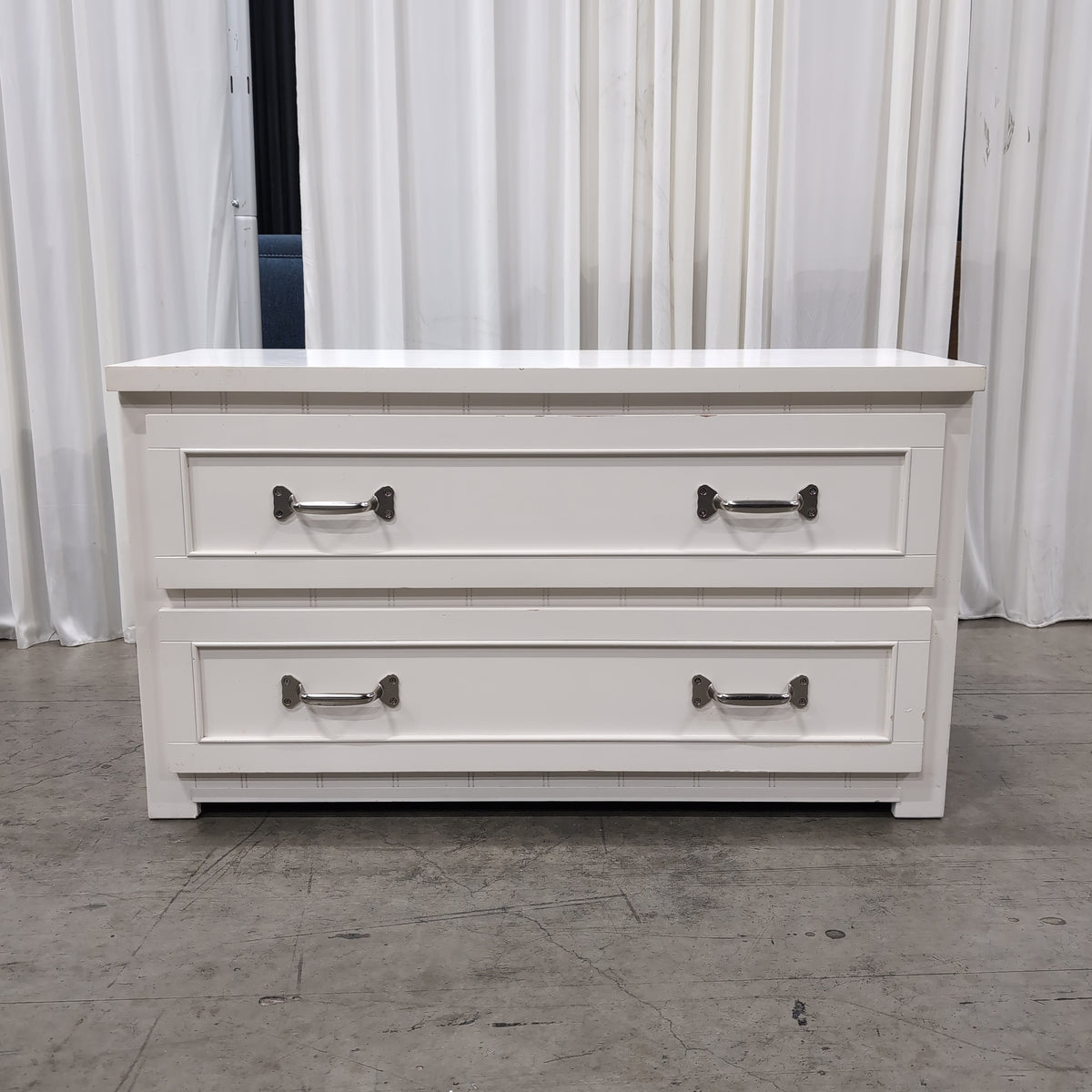White Two-Drawer Nightstand with Metal Pulls