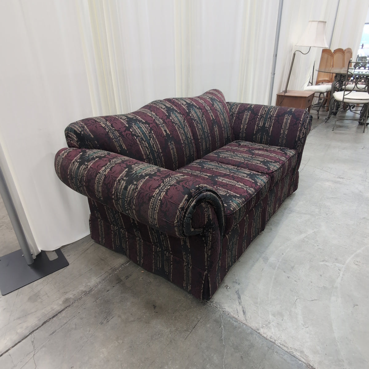 Striped Burgundy Upholstered Armchair with Rolled Arms