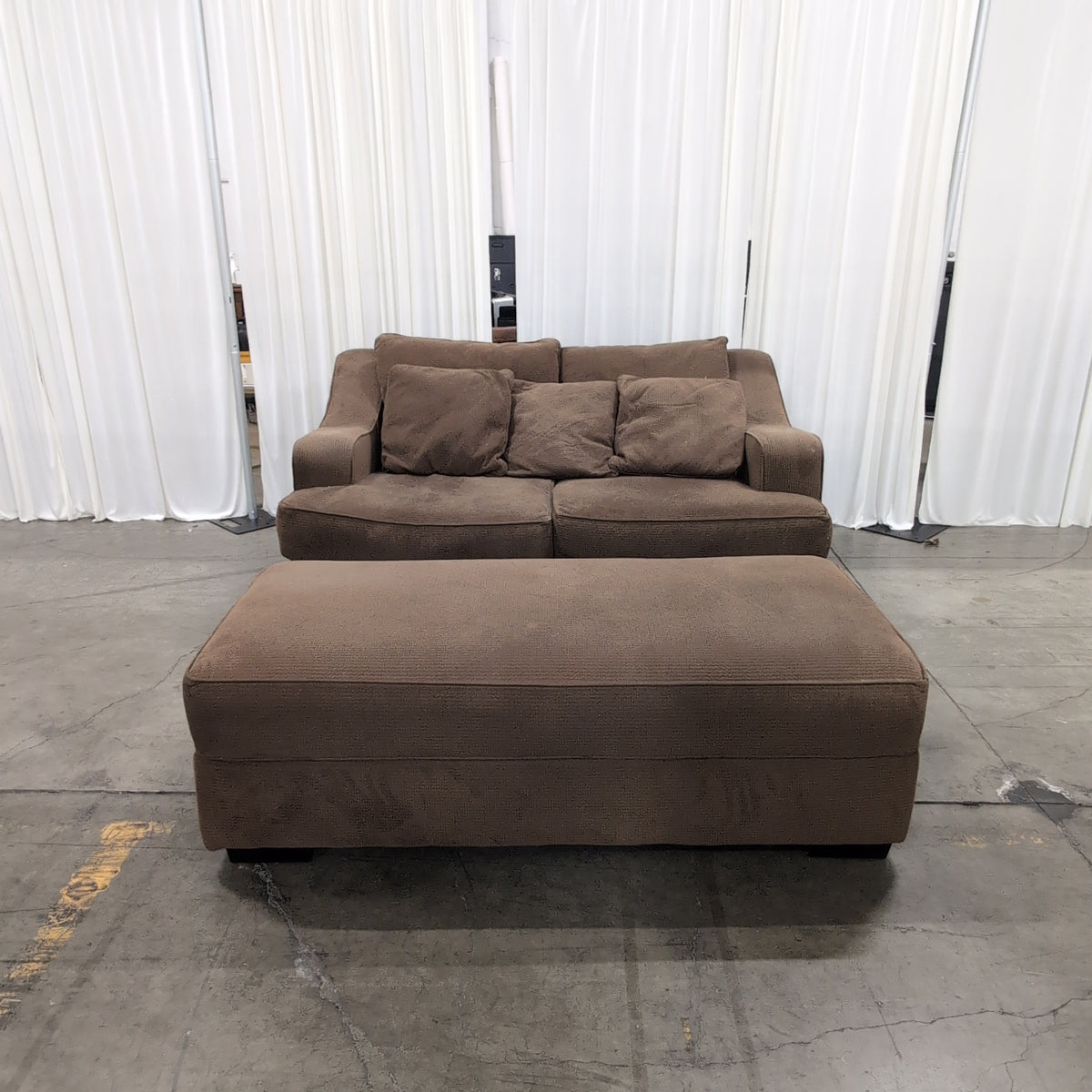 Brown Textured Fabric Couch with Matching Ottoman
