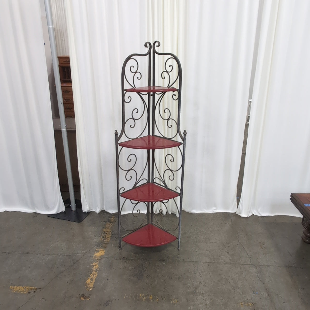 Ornate Scrolled Metal Corner Shelf with Red Shelves