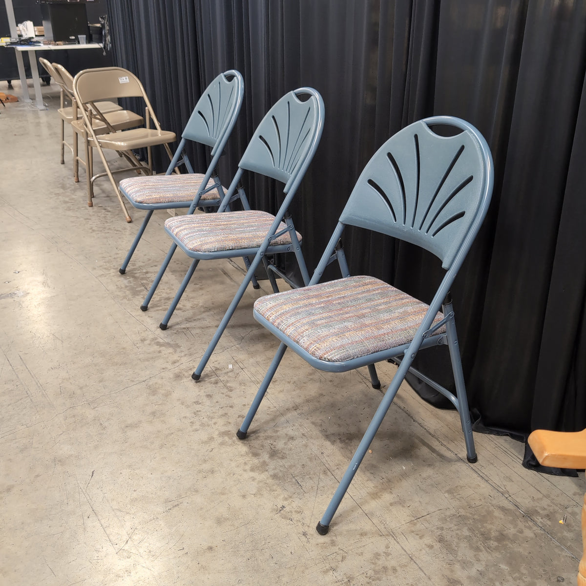 Set of Three Samsonite Blue Plastic Folding Chair with Slotted Back
