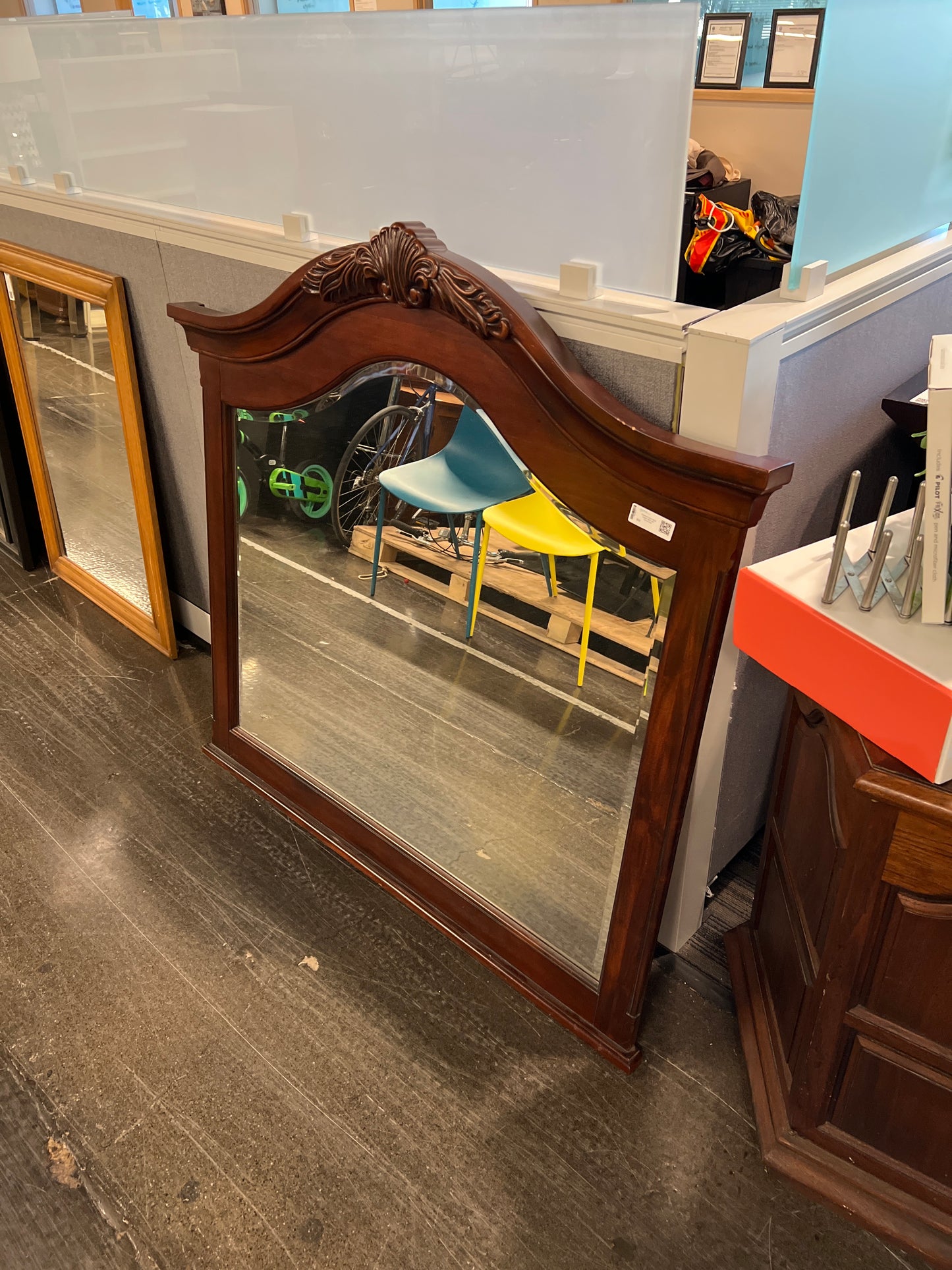 Traditional Cherry Wood Dresser Mirror with Carved Crest