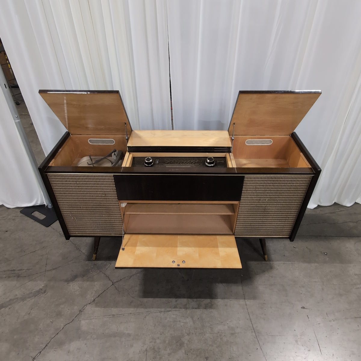 Mid-Century Dark Wood Stereo Console with Woven Grilles