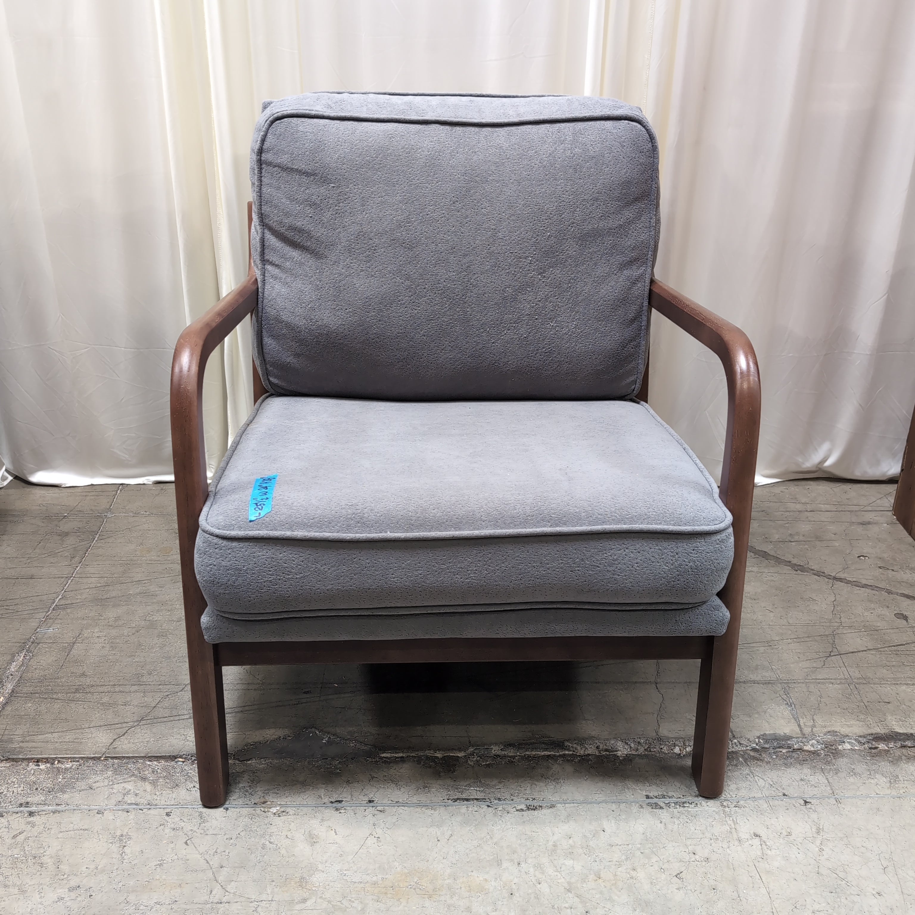 Mid-Century Style Gray Fabric Accent Chair with Wood Arms
