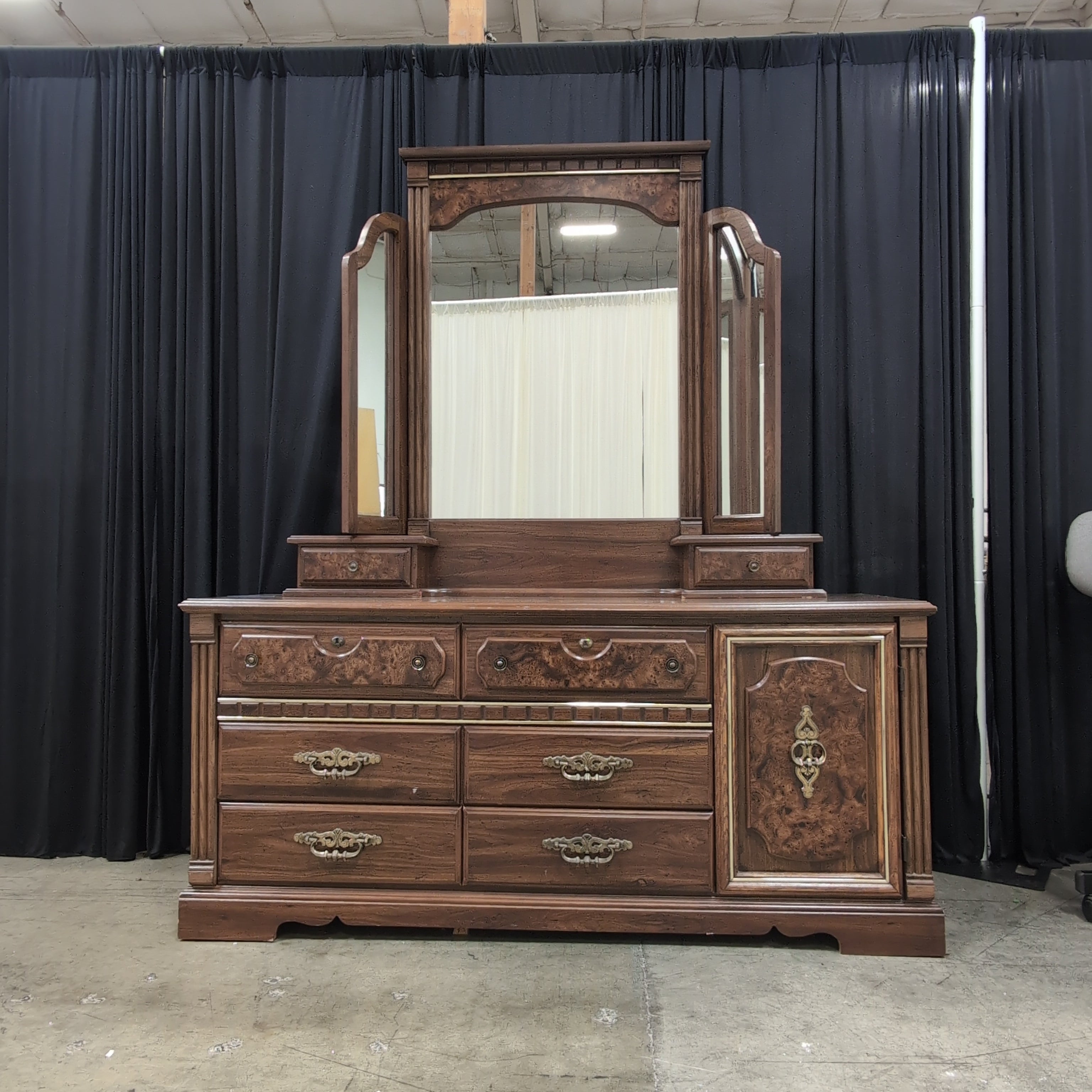Traditional Dark Wood Dresser with Triple Mirror