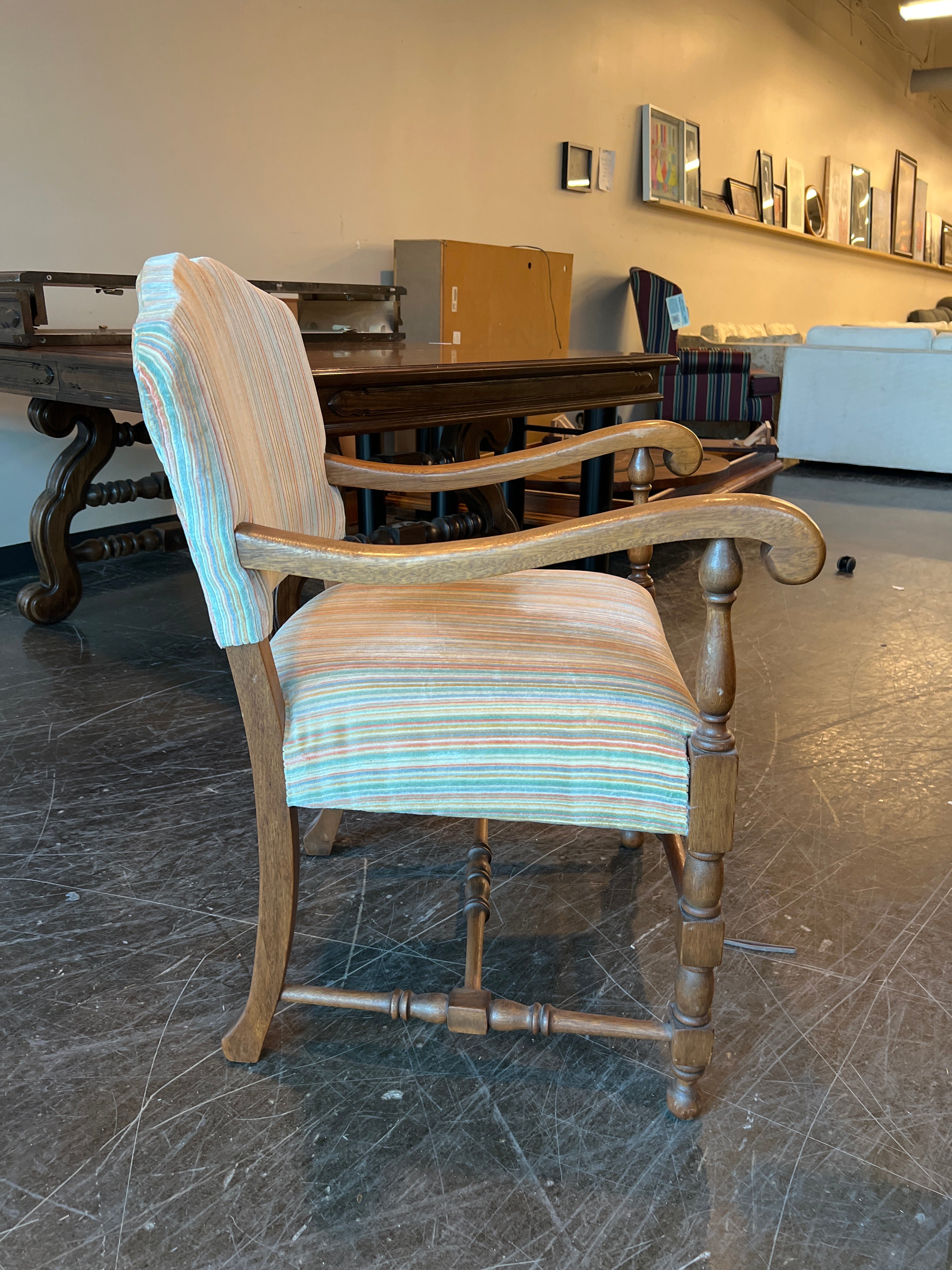 Classic Wood Frame Armchair with Multicolor Stripes