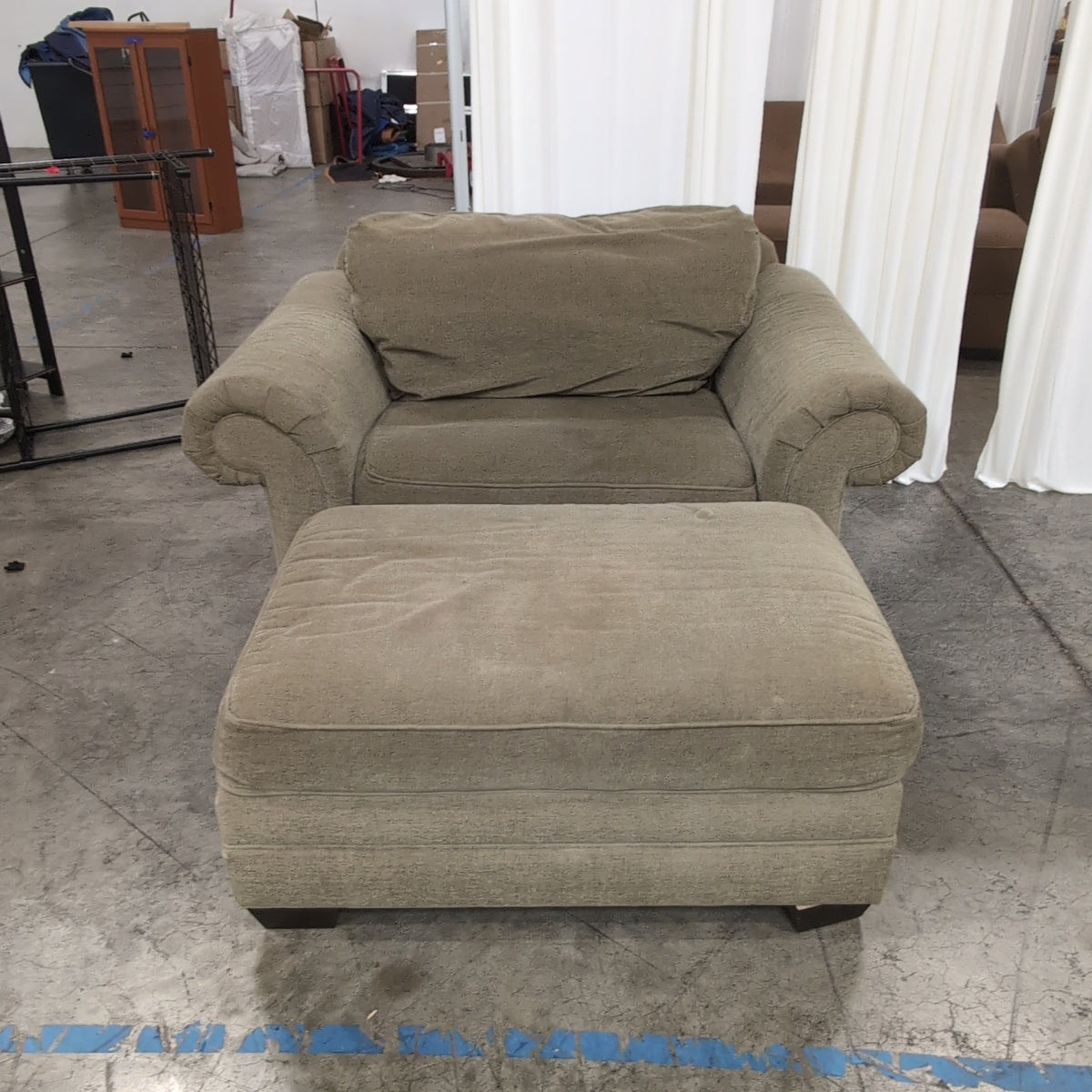 Sage Green Fabric Couch with Paisley Throw Pillows