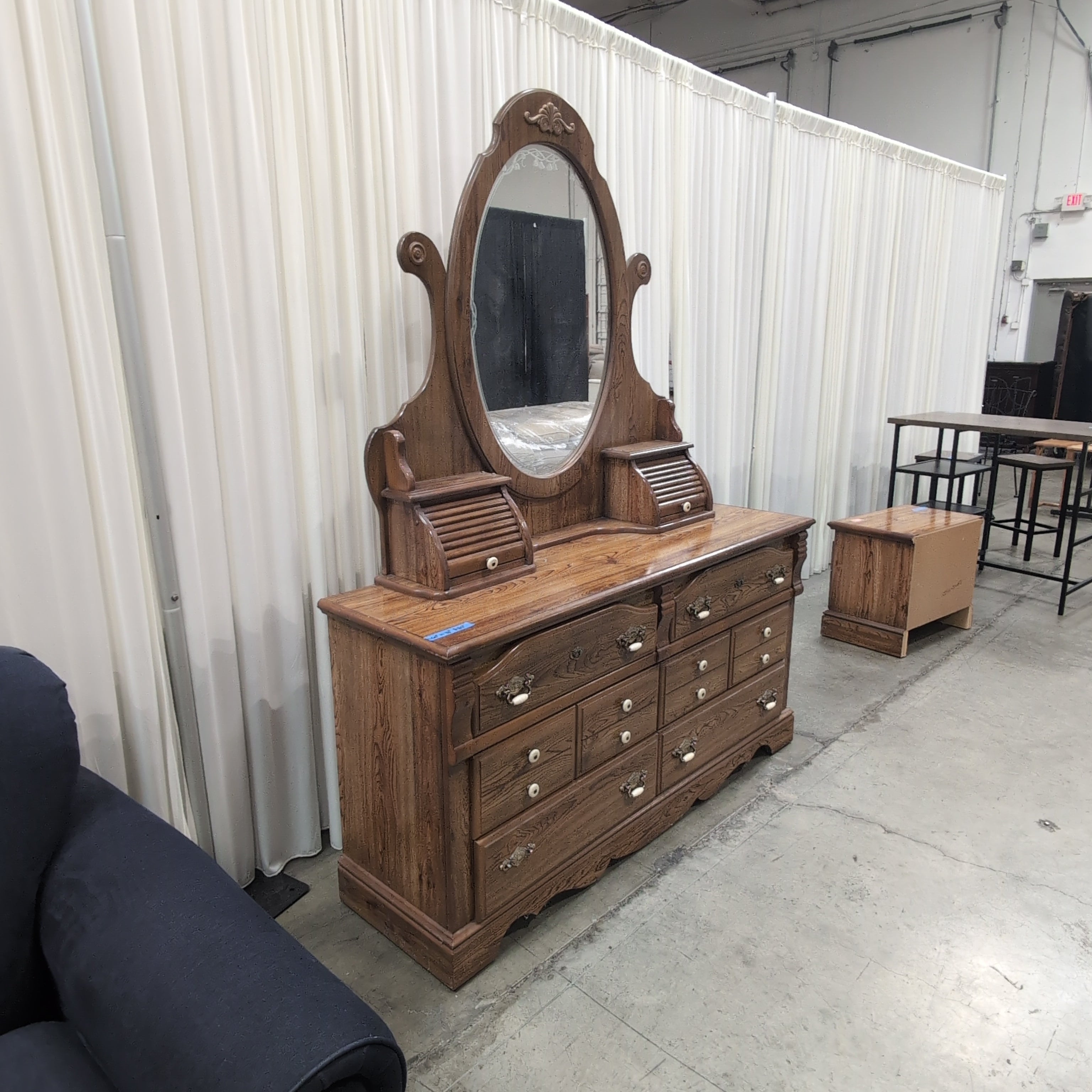 Ornate Hardwood Six-Drawer Dresser with Mirror