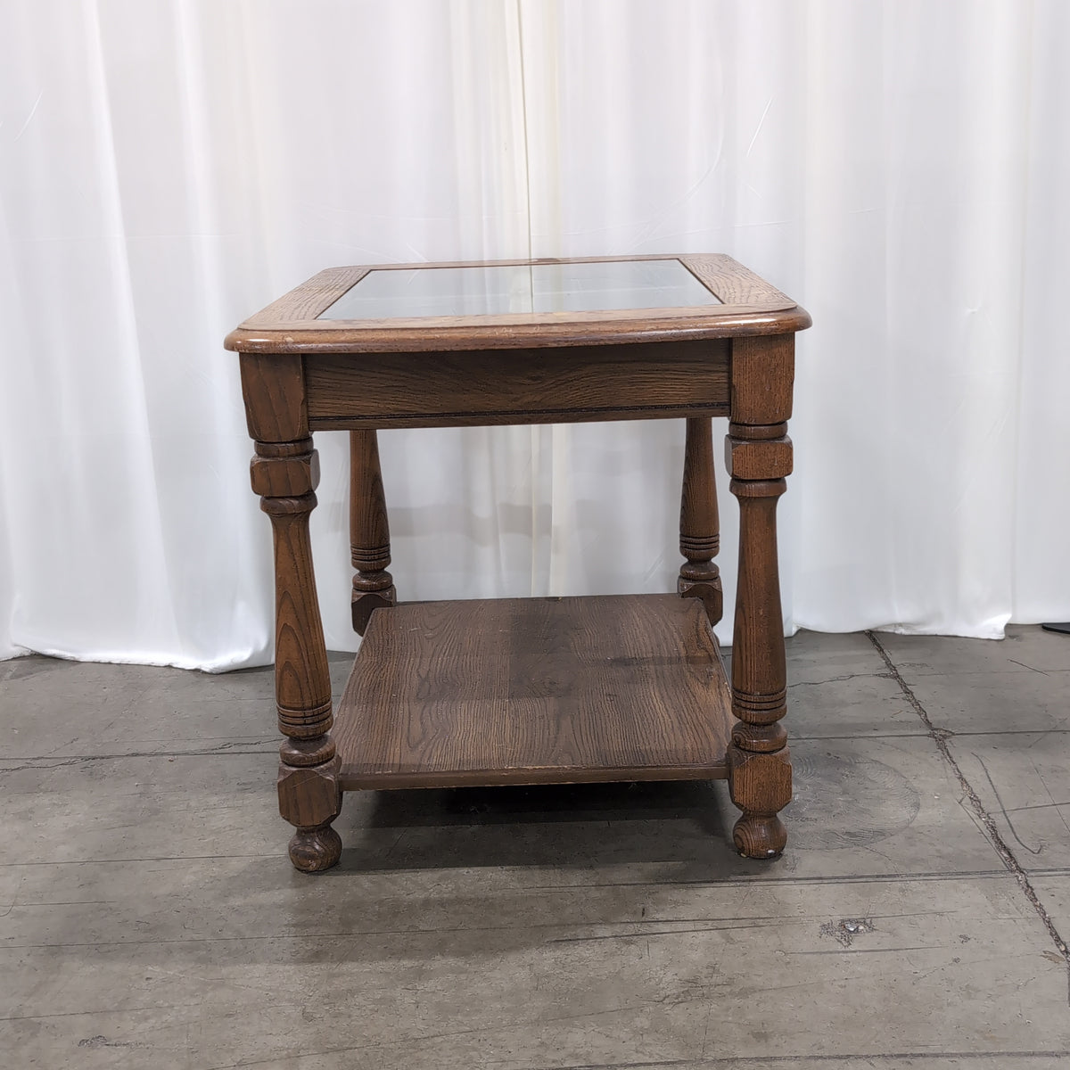 Medium Brown Wood End Table with Glass Top