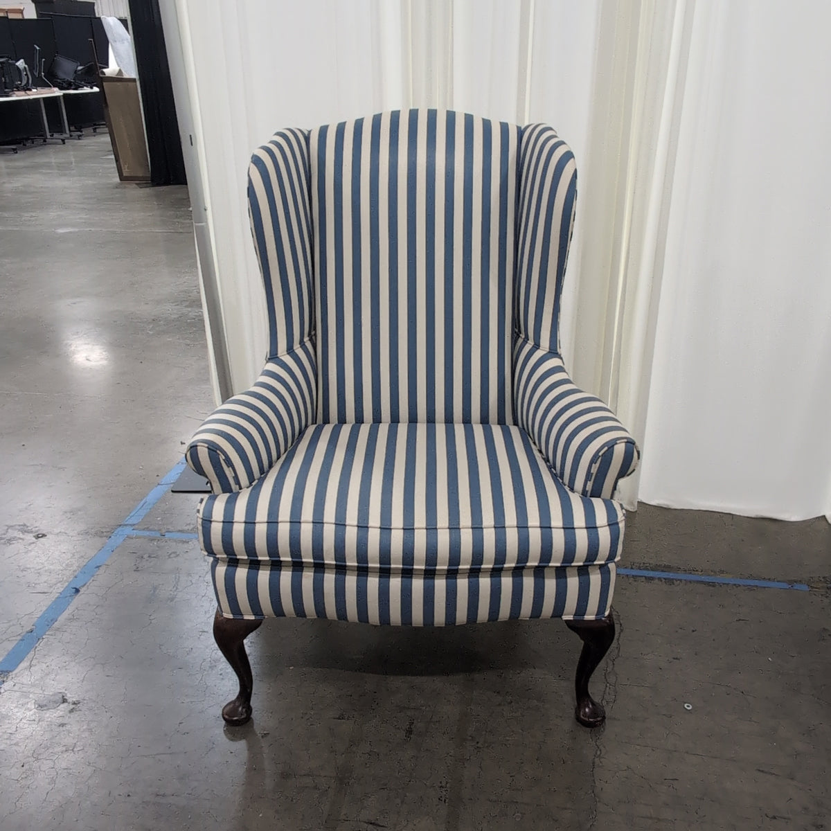 Upholstered Blue and White Striped Wingback Chair with Cabriole Legs