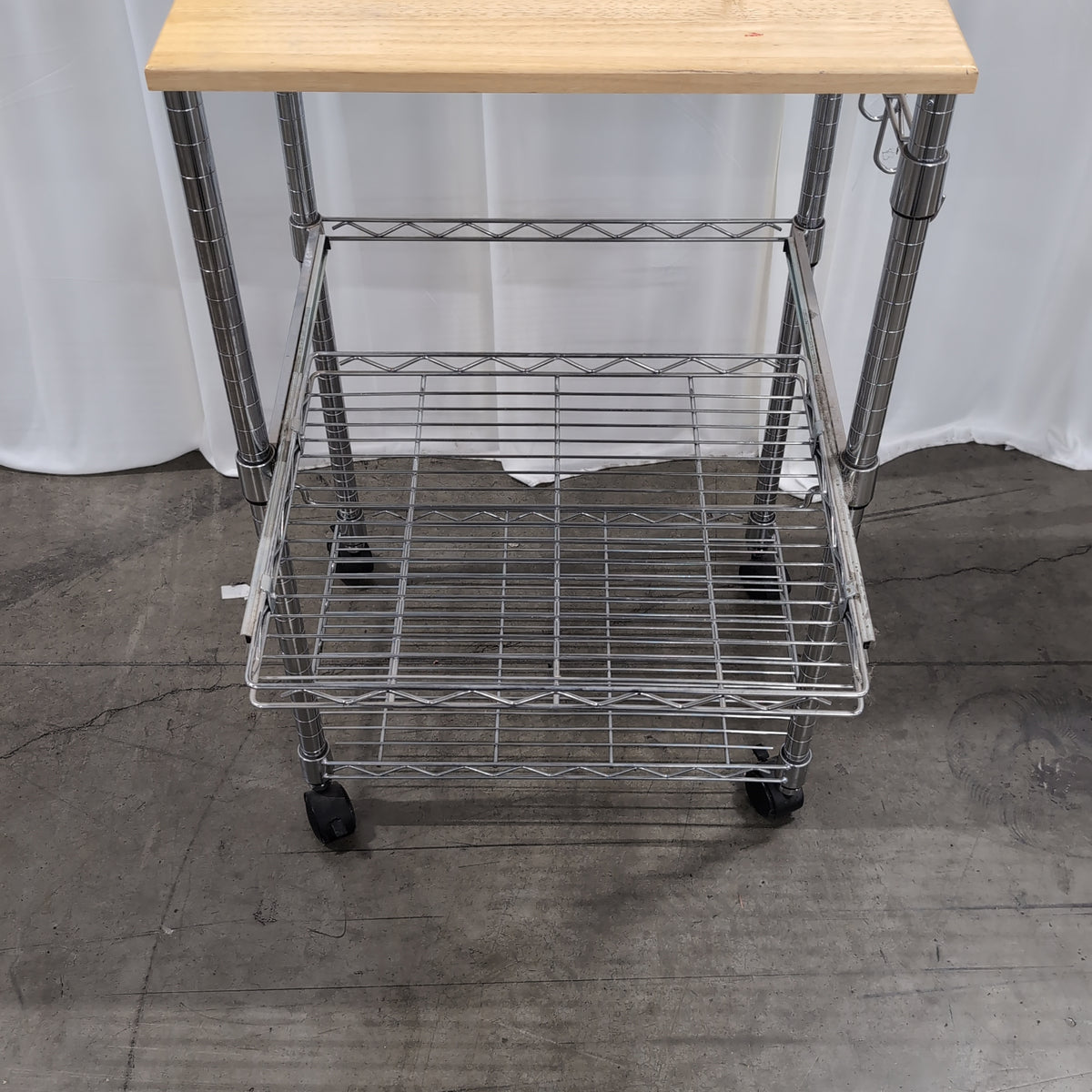 Silver Chrome Rolling Three-Tier Cart with Wood Top