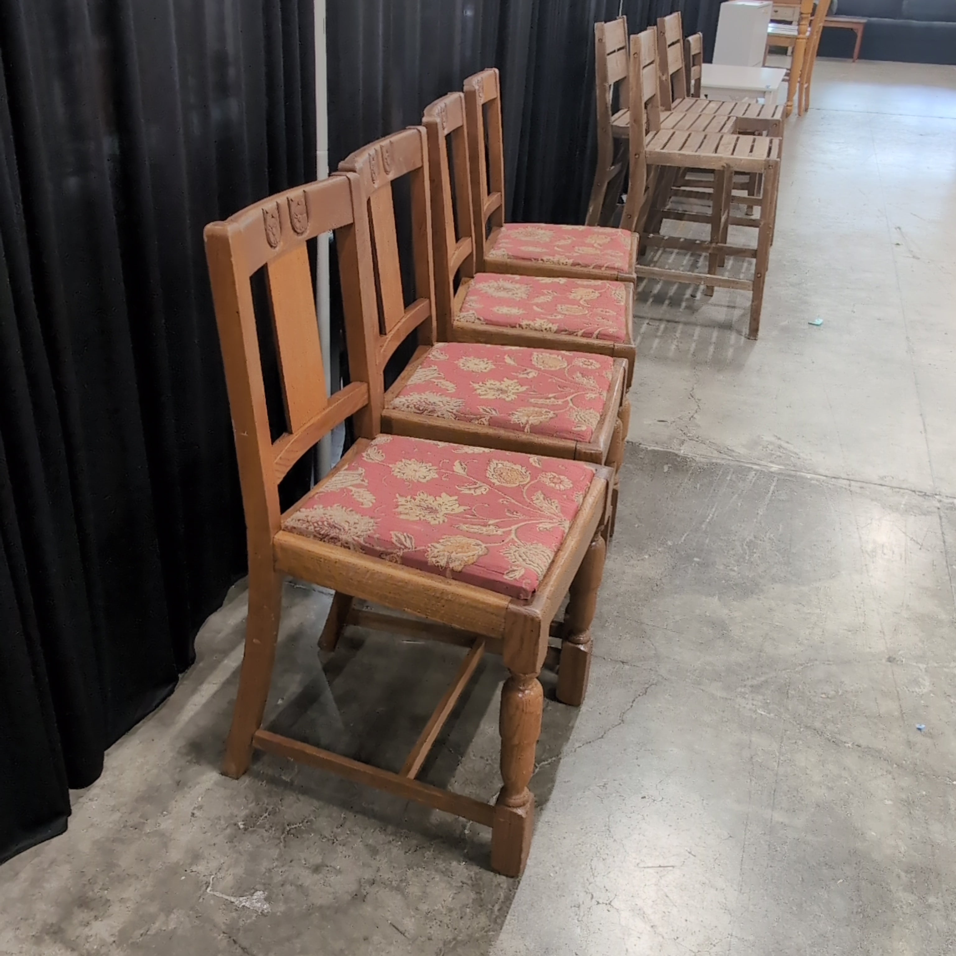 Set of Four Carved Wood Dining Chairs with Floral Upholstery