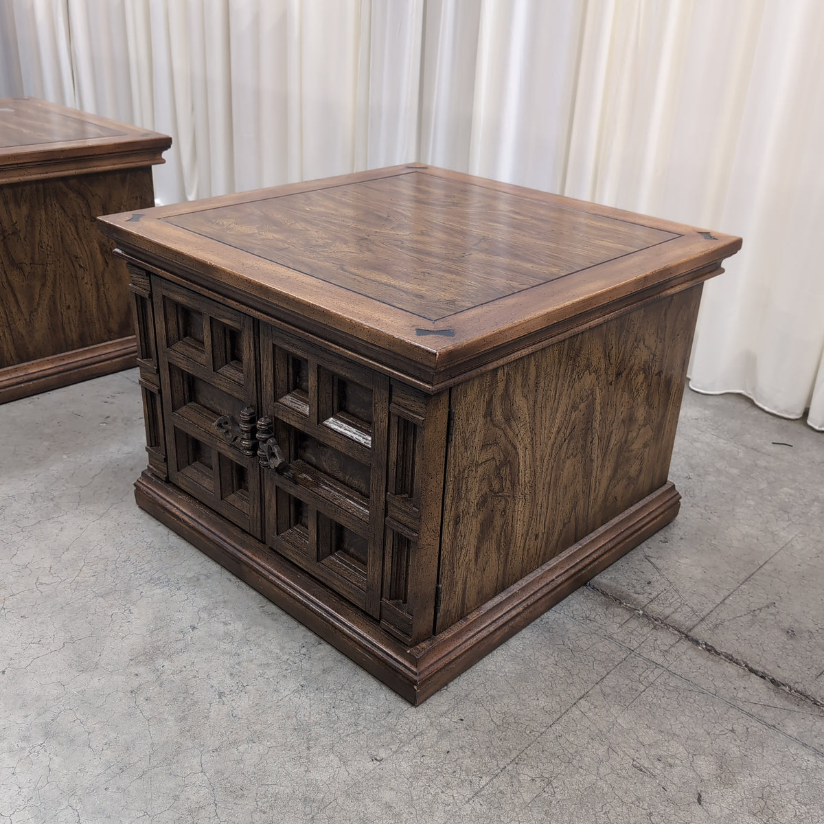 Vintage Carved Wood End Table with Cabinet Doors