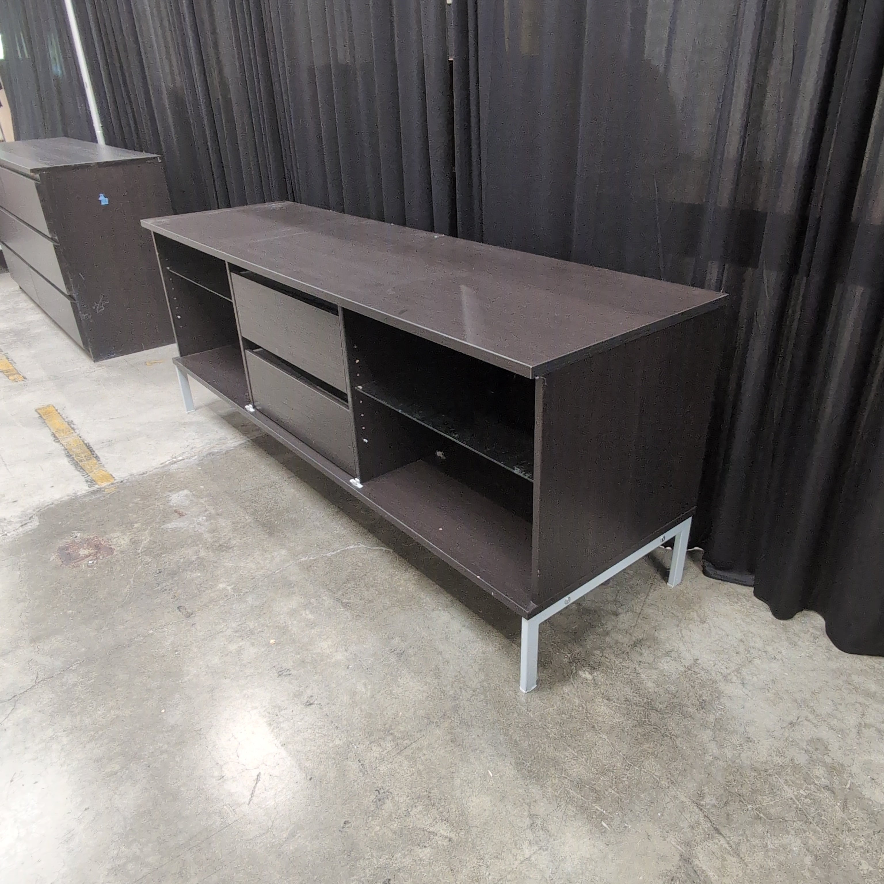 Dark Brown Two-Drawer TV Stand with Open Shelves