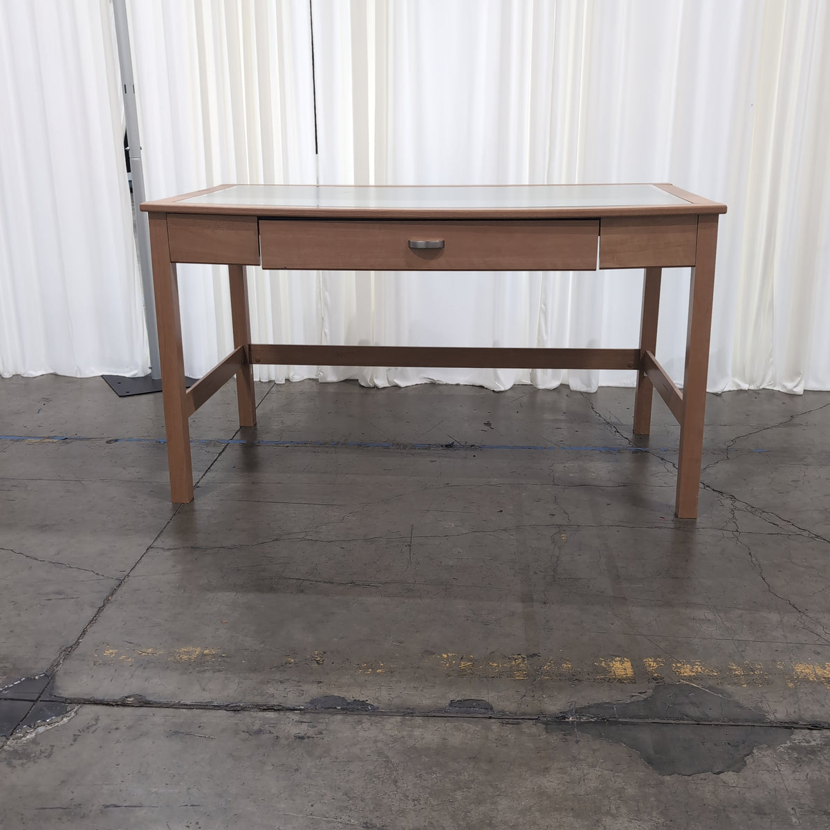 Natural Wood Two-Drawer Desk with Frosted Glass Top