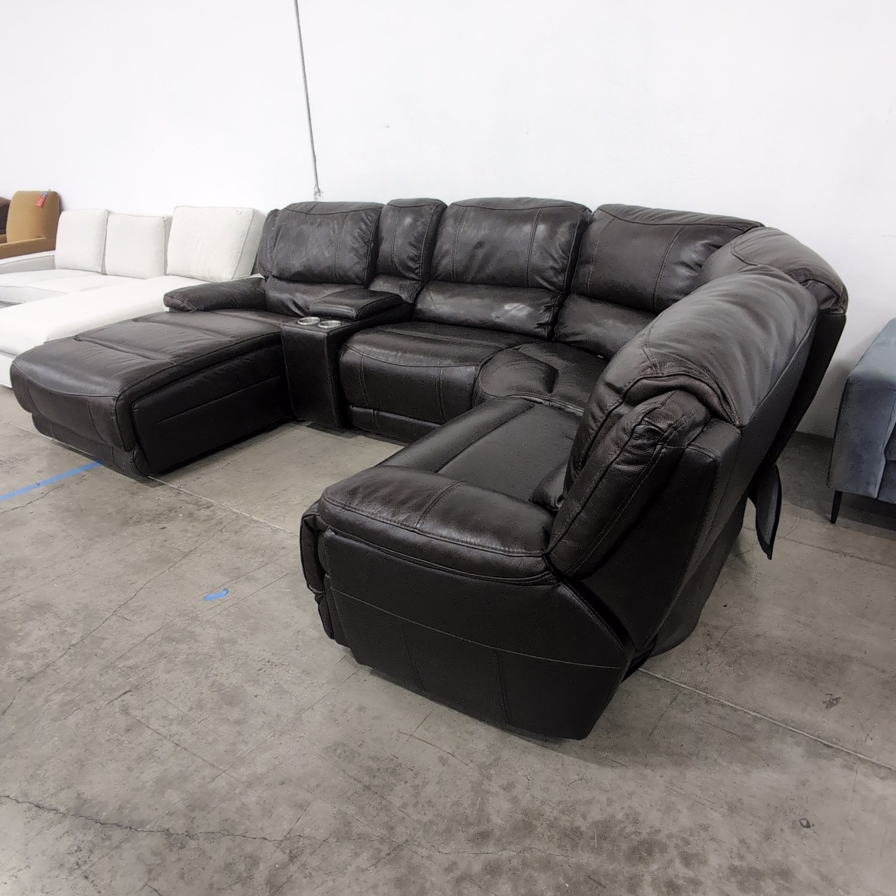 Brown Leather Reclining Sectional Couch with Cup Holders