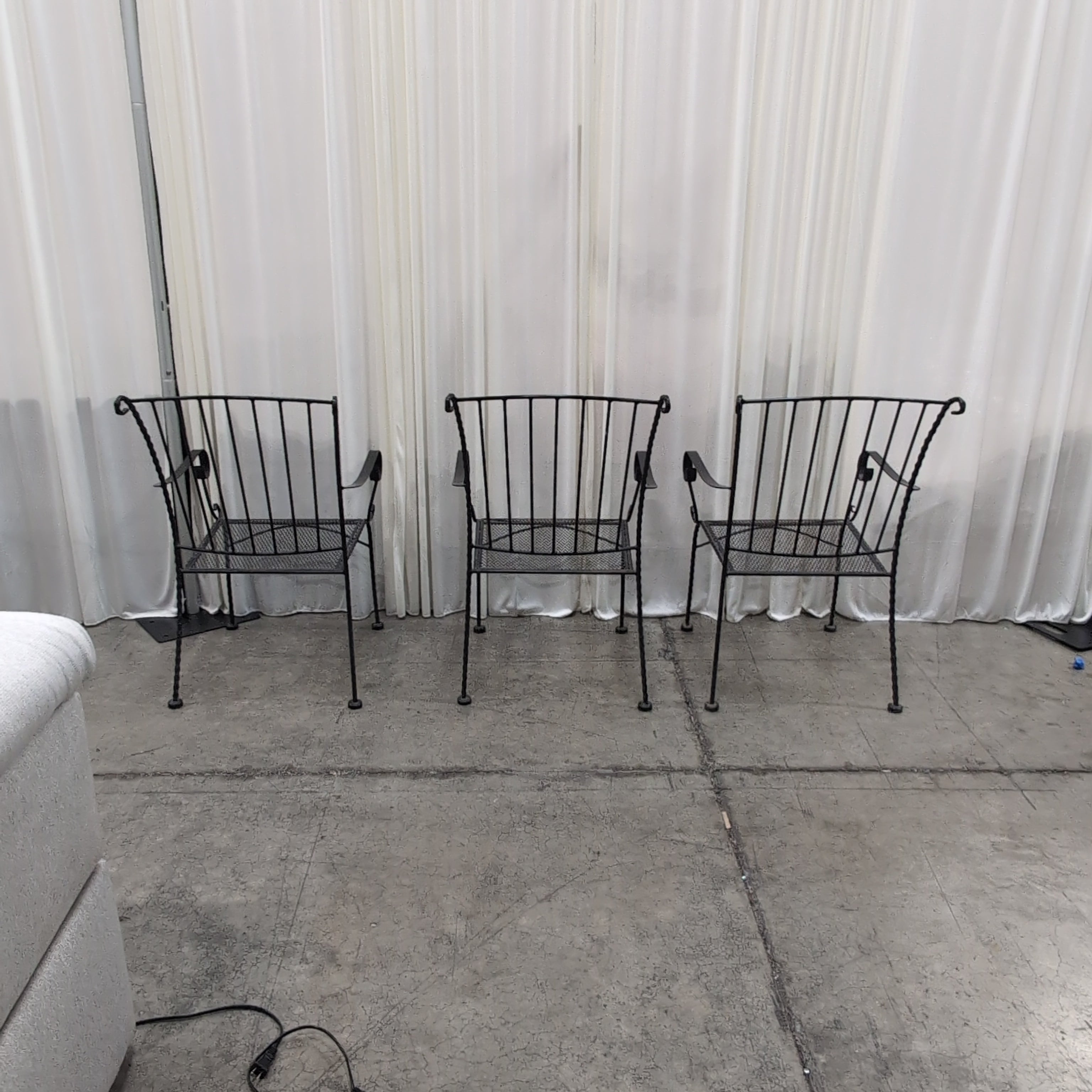 Set of Three Black Scrolled Metal Outdoor Chairs with Gray Cushions