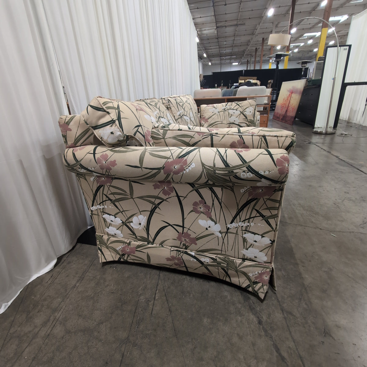 Ethan Allen Beige Floral Upholstered Rolled Arm Couch