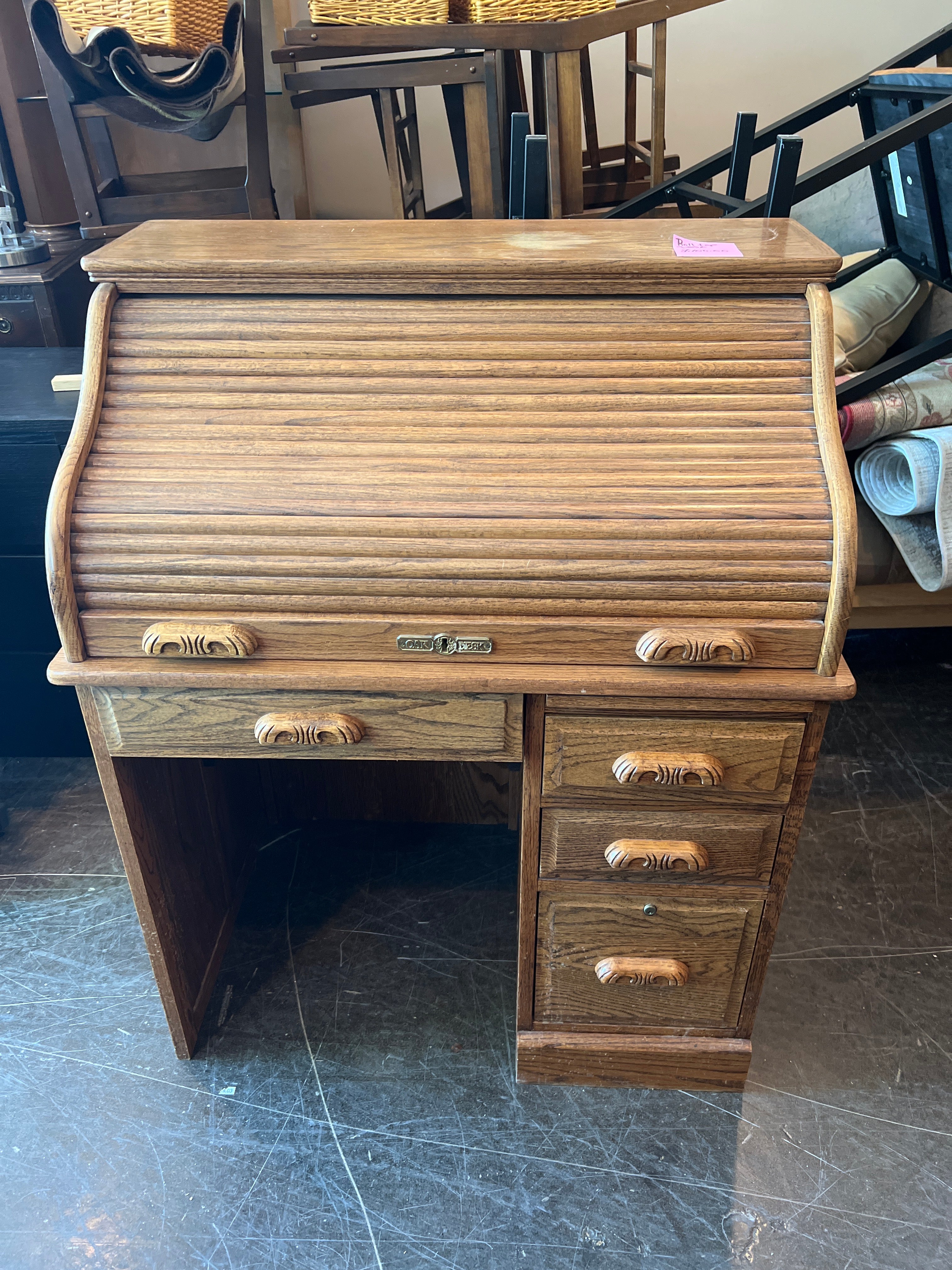 Solid Oak Roll-Top Desk with Drawers