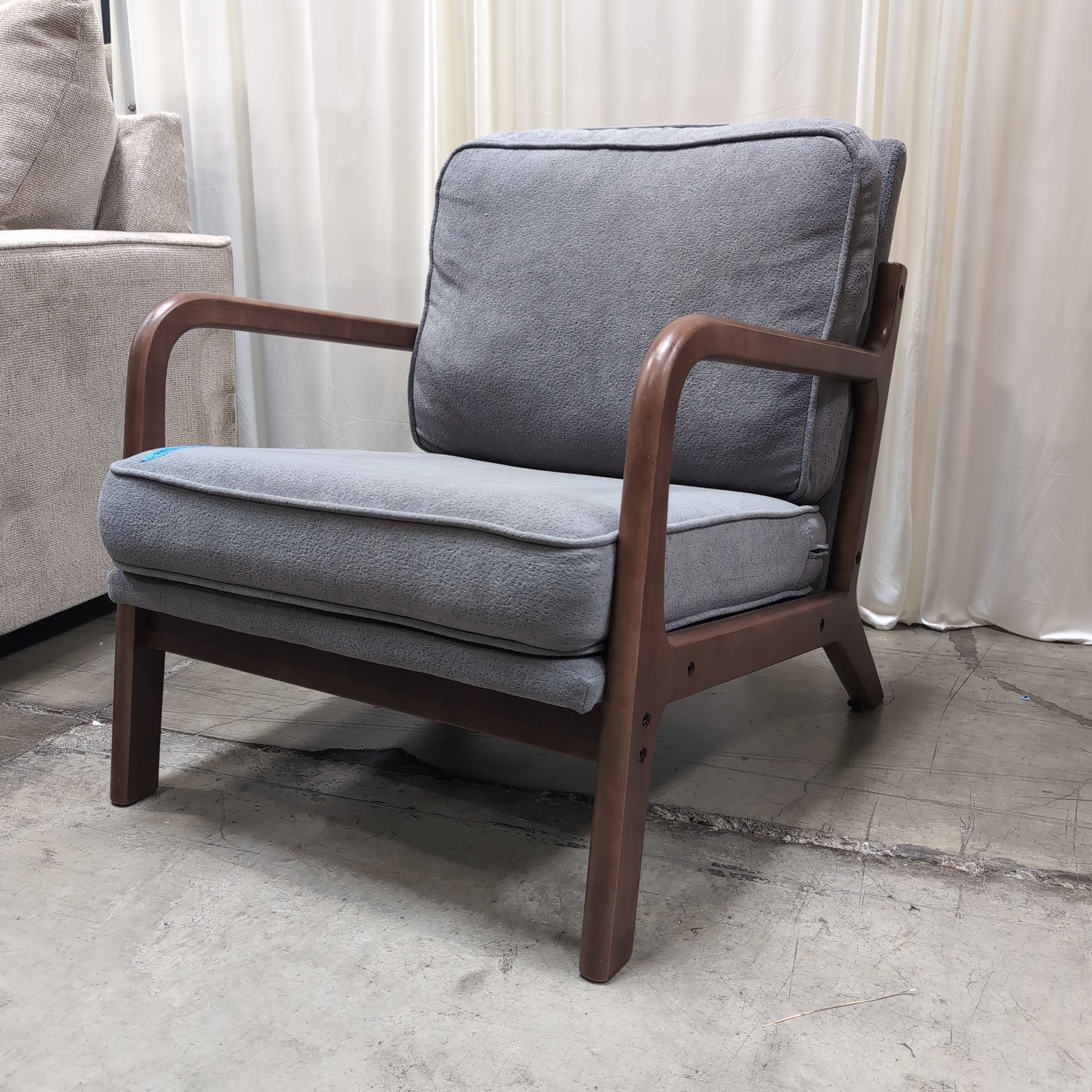 Mid-Century Style Gray Fabric Accent Chair with Wood Arms