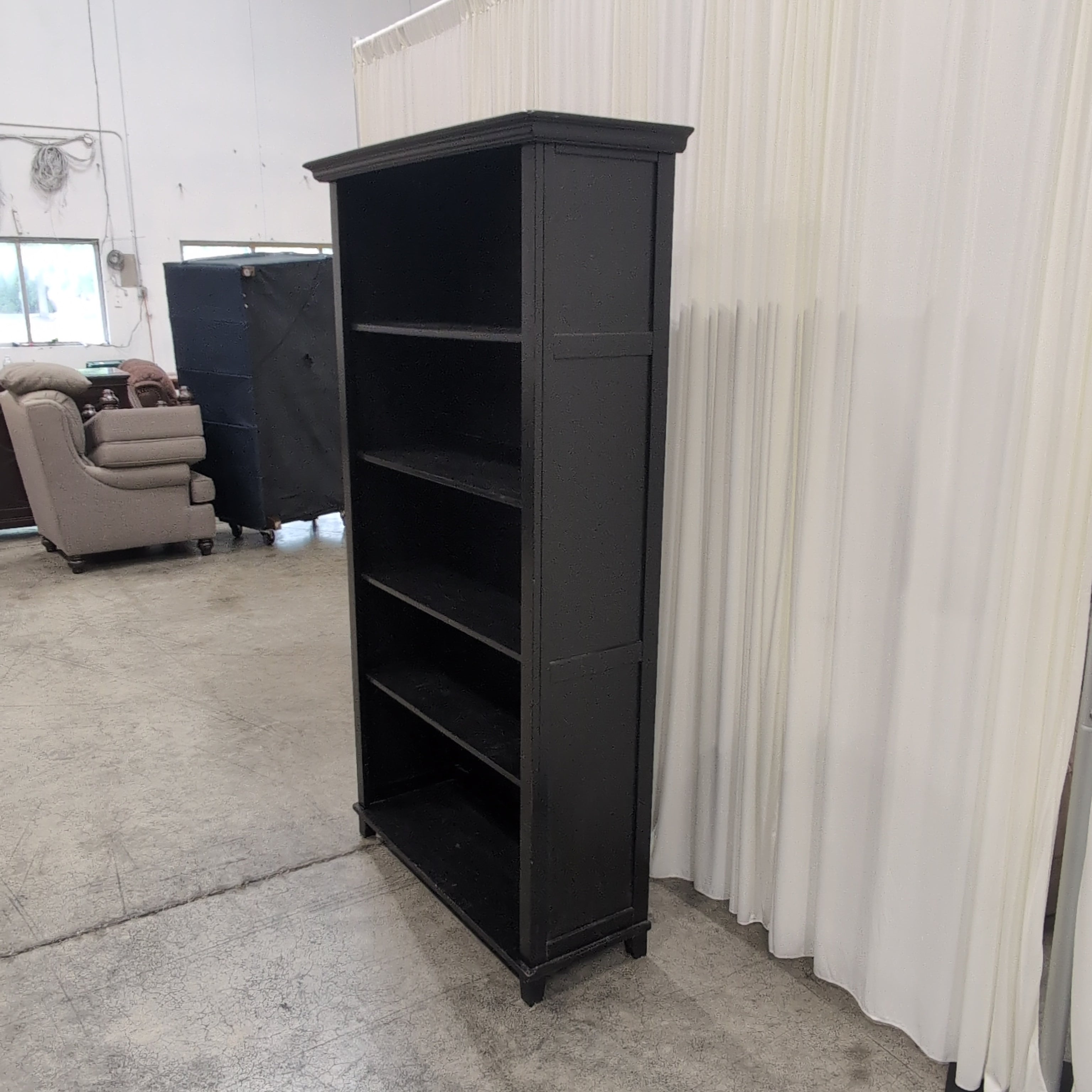 Dark Wood Five-Shelf Bookcase with Crown Molding