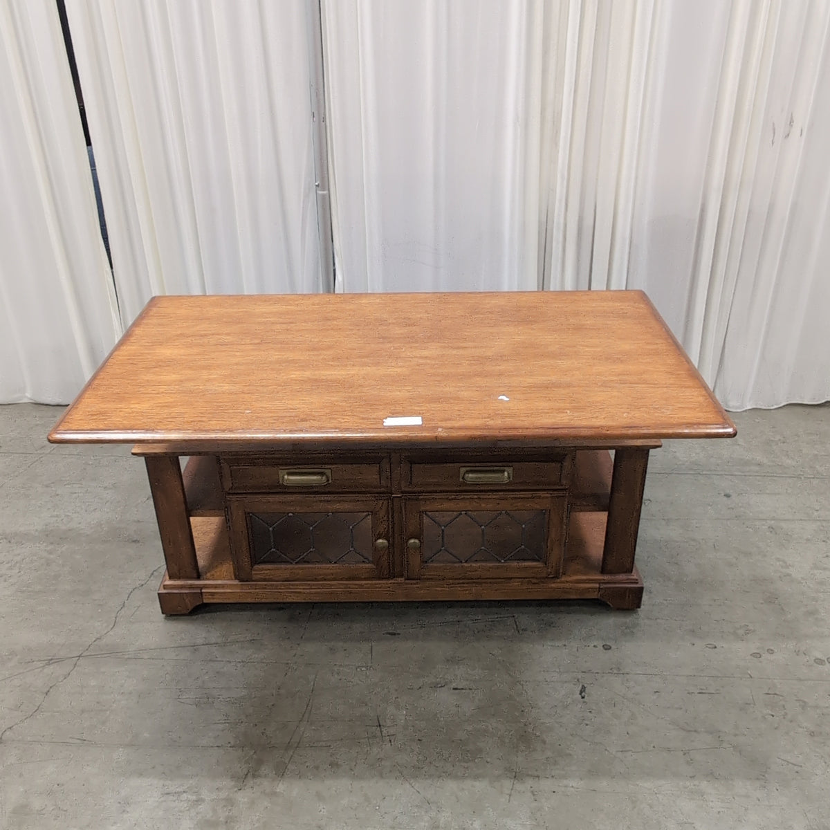 Brown Wood Coffee Table with Patterned Glass Doors