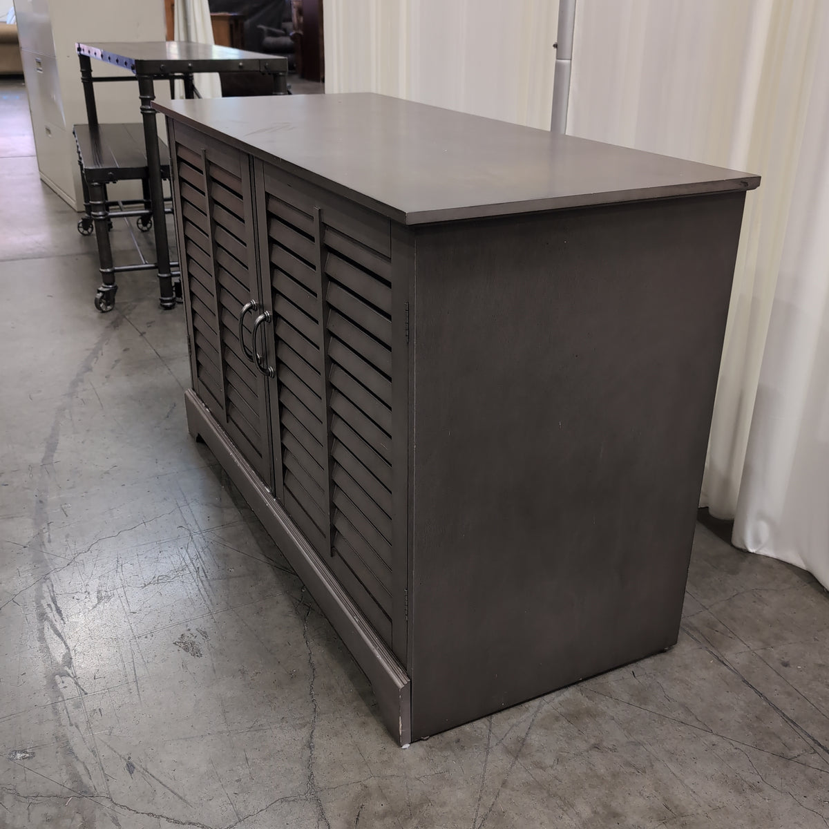 Greige Wood TV Stand with Louvered Doors