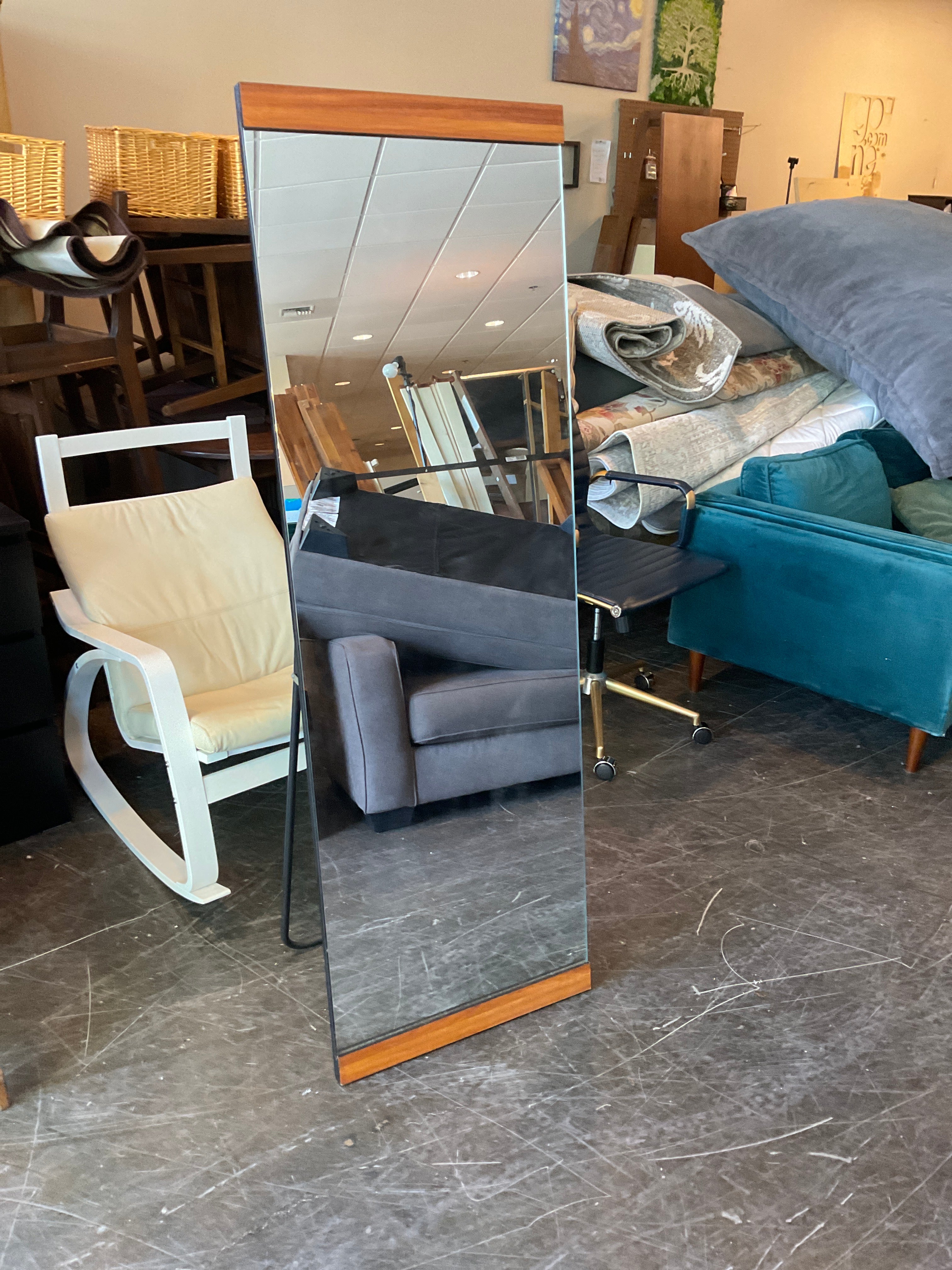 Mid-Century Style Standing Mirror with Wood Trim