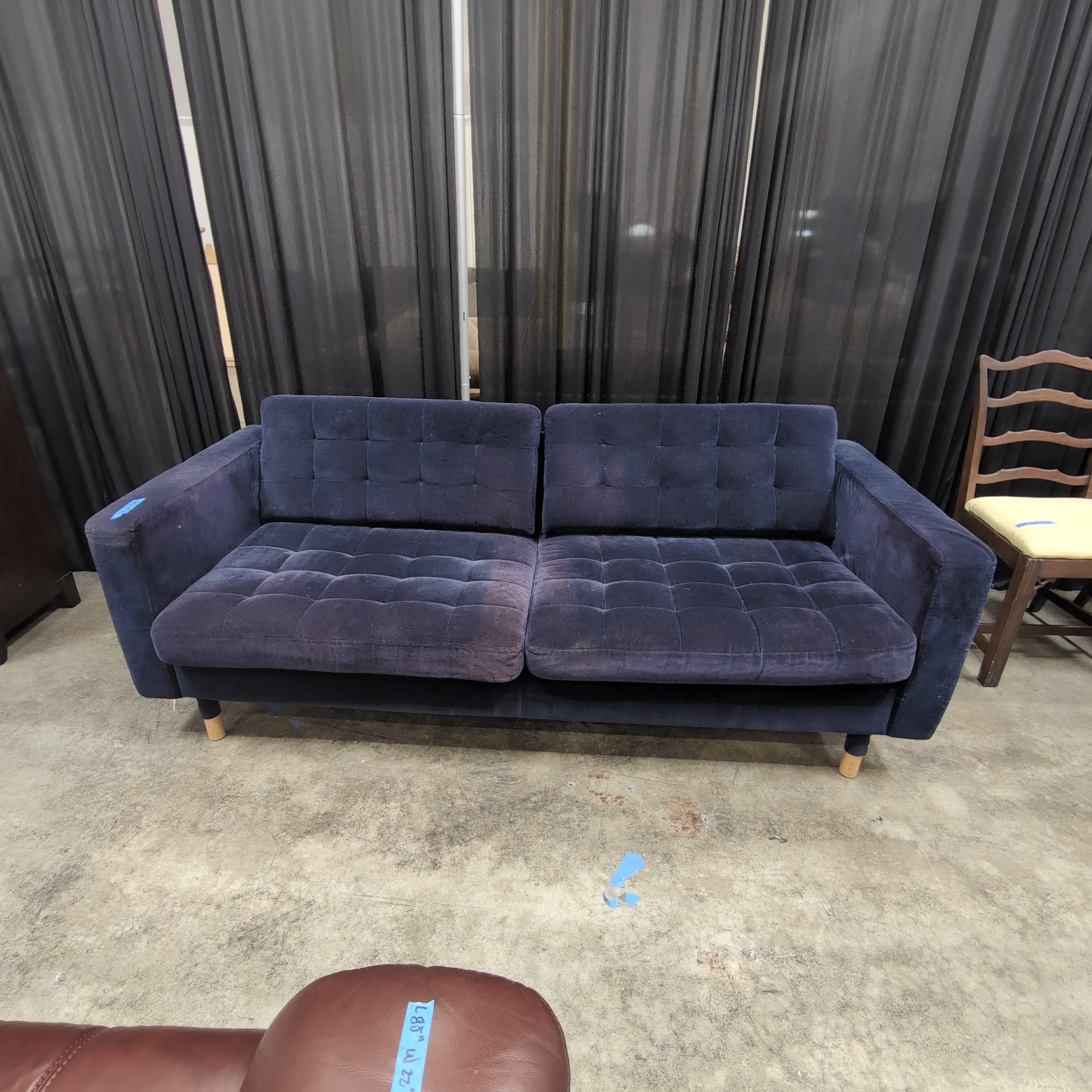 Dark Blue Tufted Three-Seat Couch in Velvet