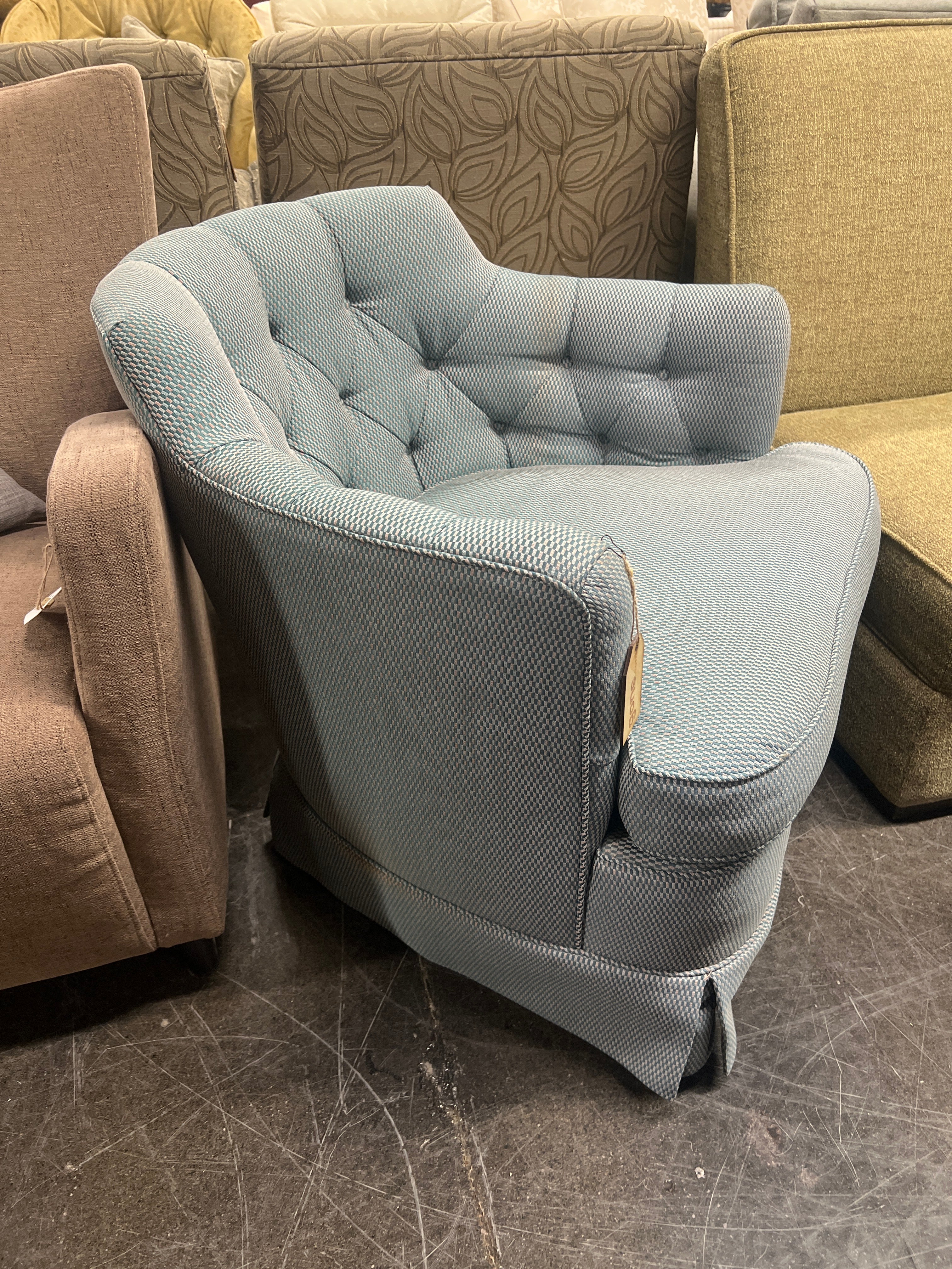 Custom Crafted Tufted Swivel Armchair – Teal Rose Pattern Upholstery