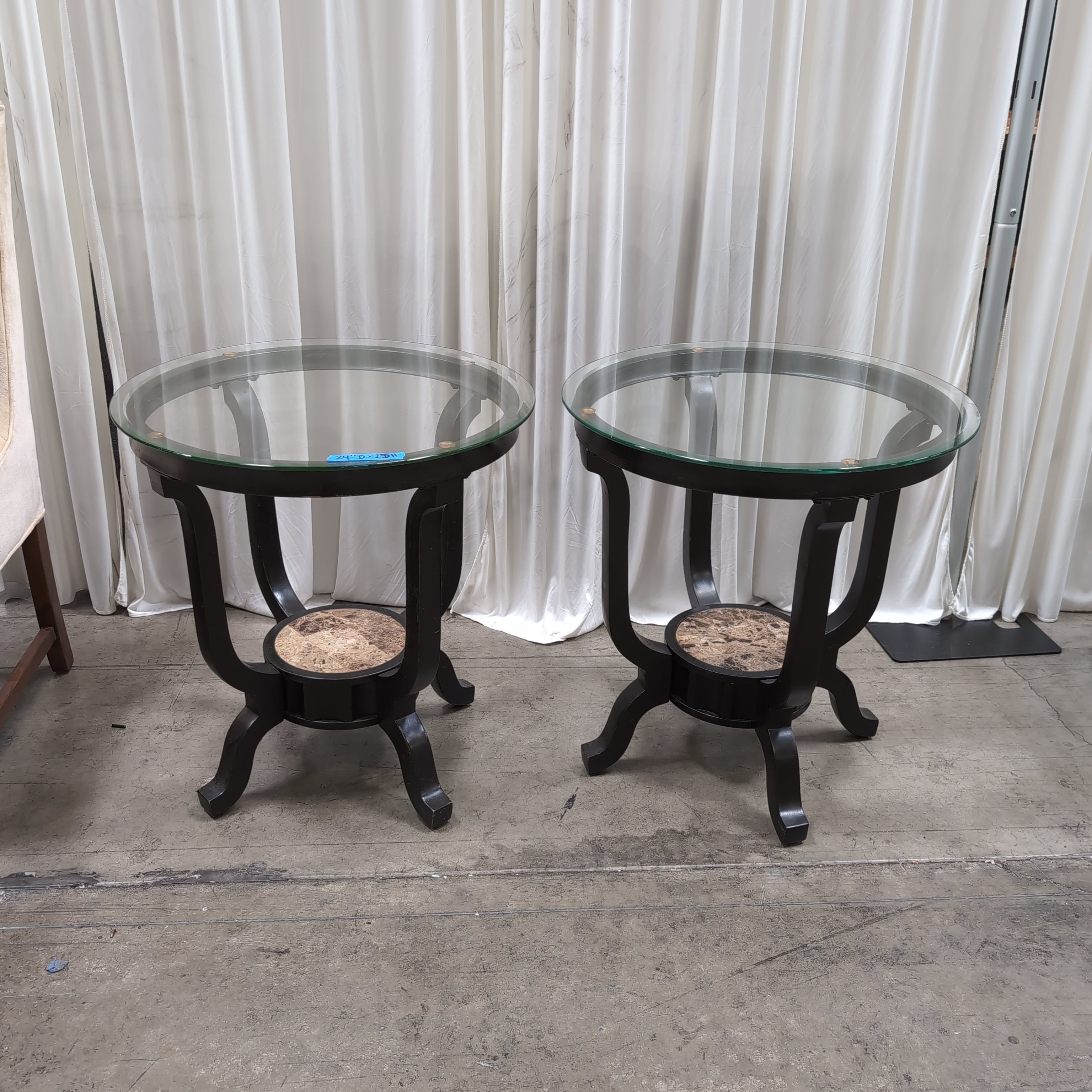Dark Metal and Glass Coffee Table Set with Marble Inlay