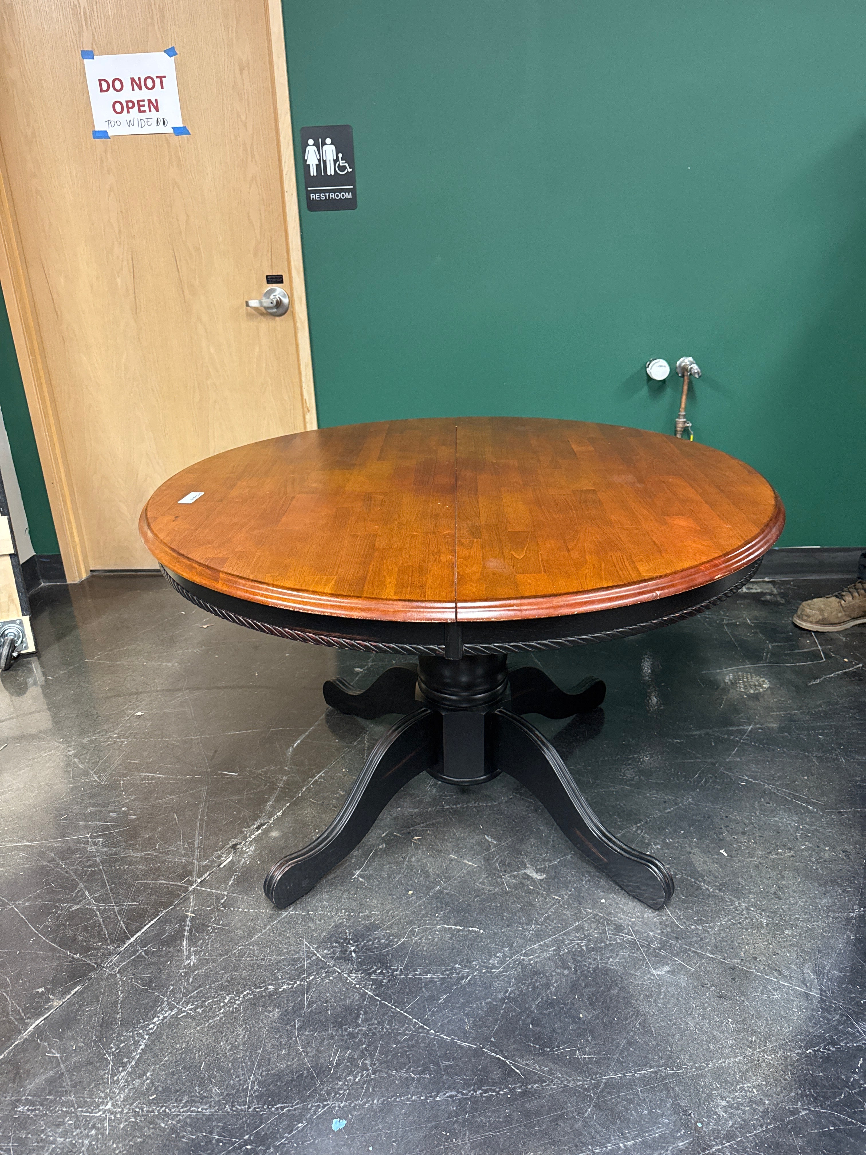 Round Wood Pedestal Dining Table with Leaf – Two-Tone Finish