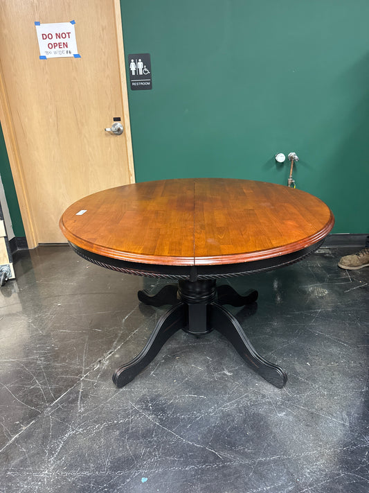 Round Wood Pedestal Dining Table with Leaf – Two-Tone Finish