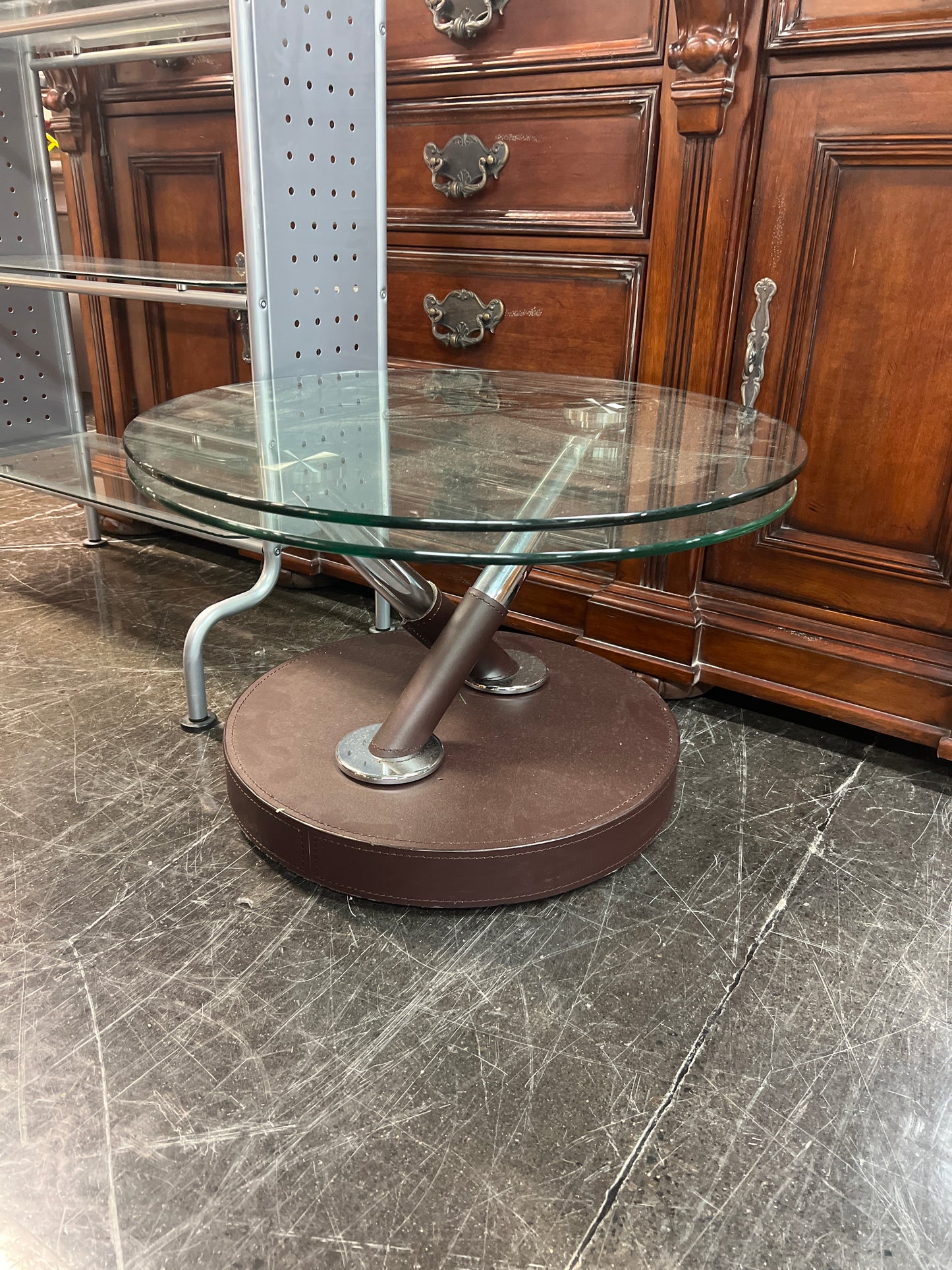 Modern Glass Coffee Table with Brown Leather Base