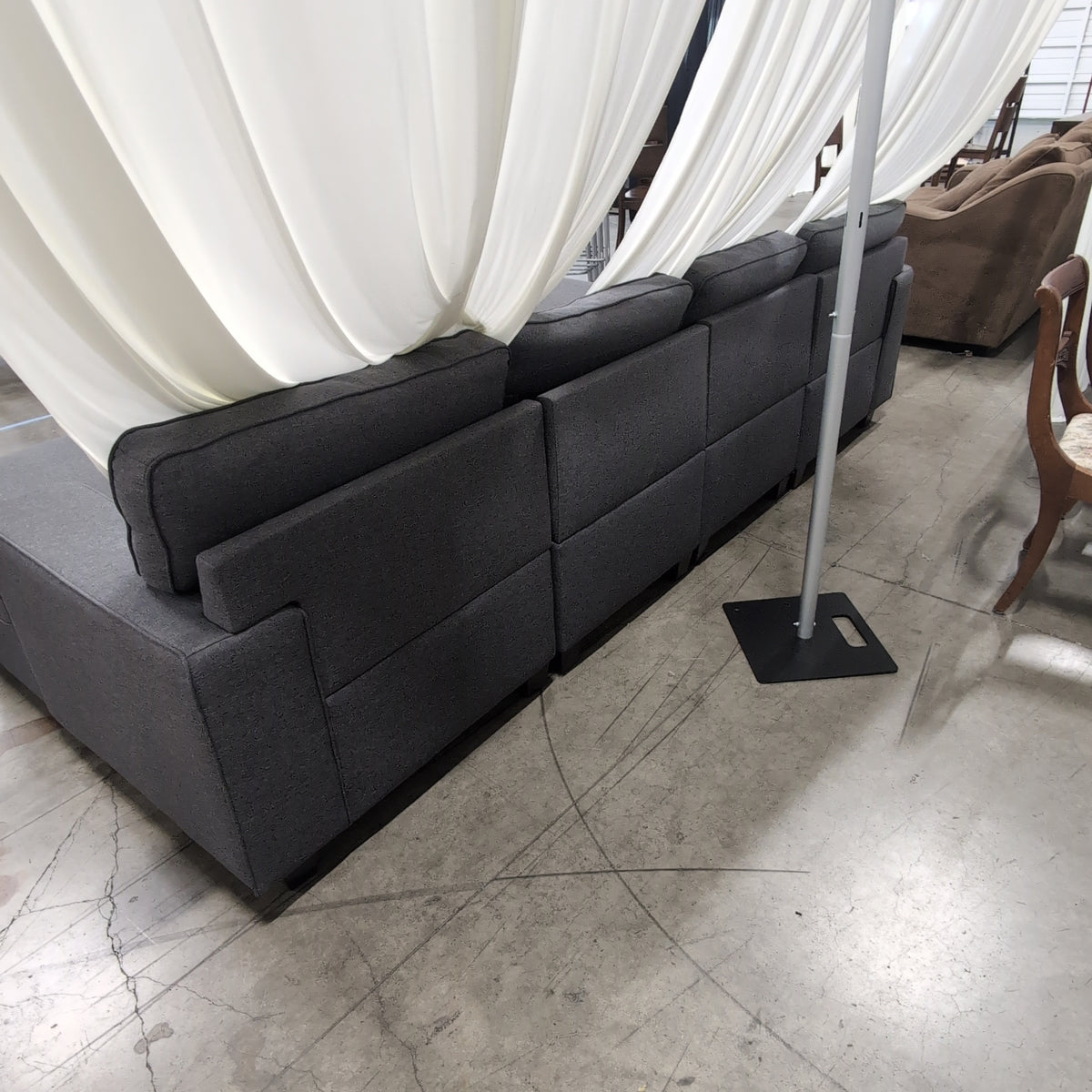 Dark Grey Fabric L-Shaped Sectional Couch with Ottoman