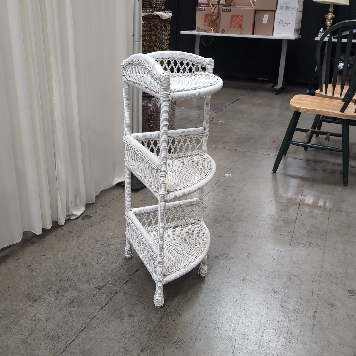 White Wicker Three-Tier Corner Shelf