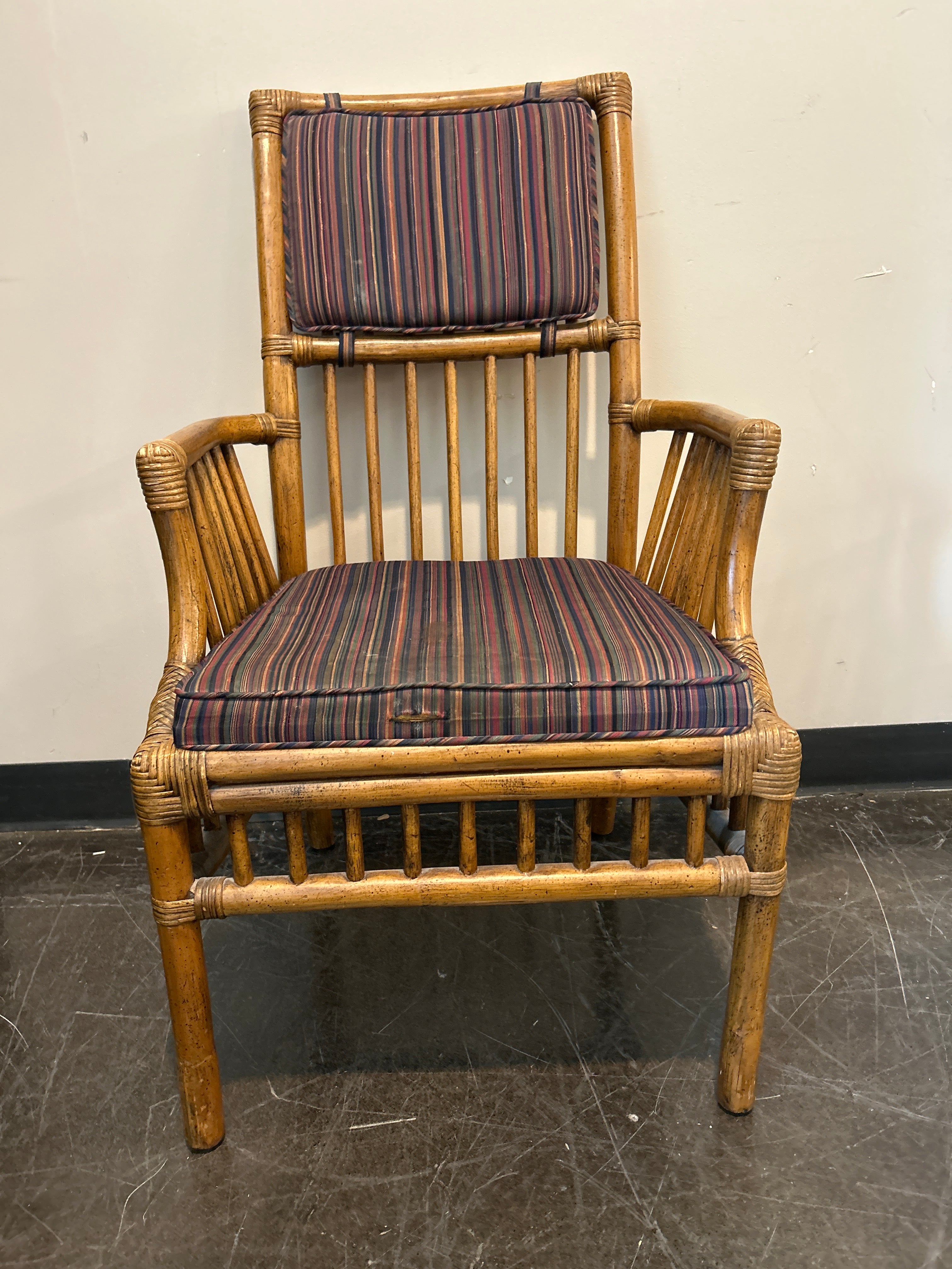 Henredon Bamboo Rattan Captain’s Chair Set – Striped Cushion, with Arms