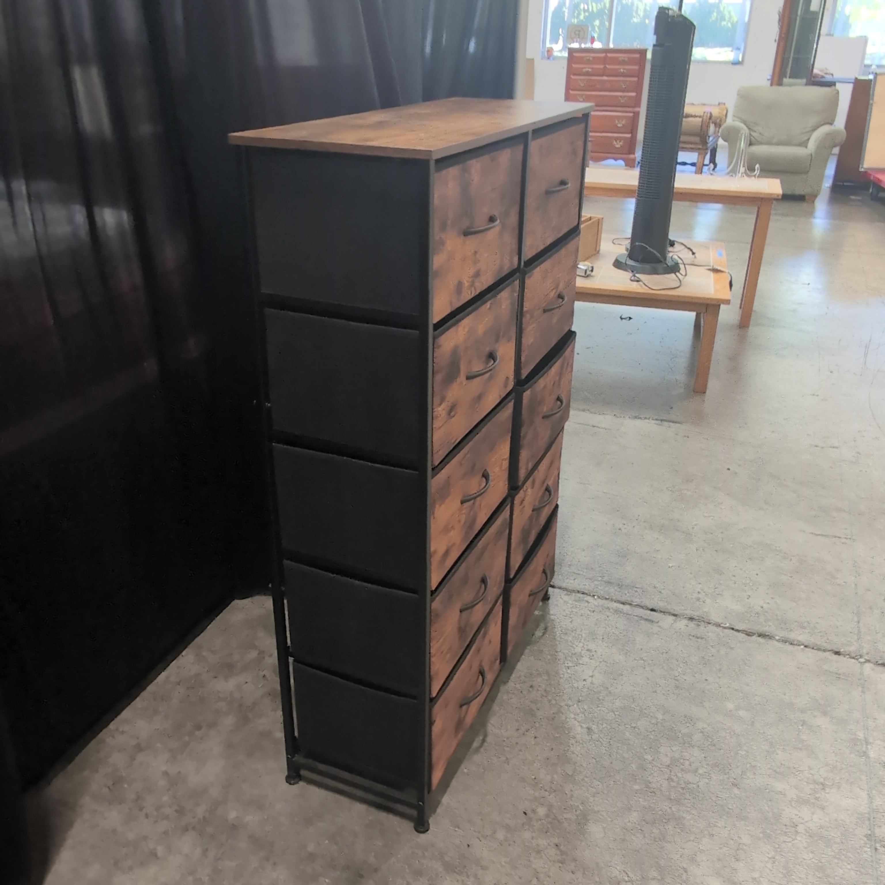 Rustic Brown Ten-Drawer Dresser in Metal and Fabric
