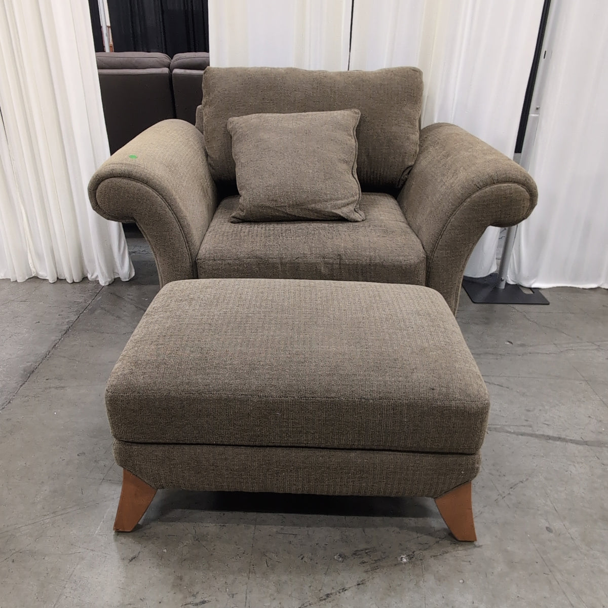 Taupe Textured Fabric Rolled Arm Armchair with Matching Ottoman